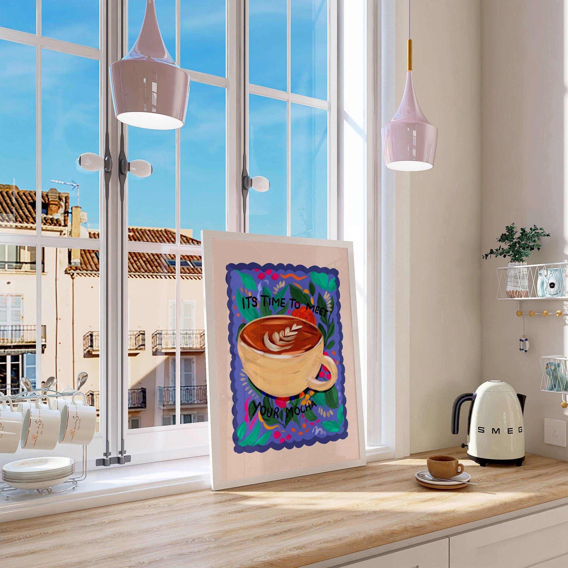 Mocha Coffee kitchen nook art print. A painted coffee mug on a bright floral background with words "its time to meet your mocha"