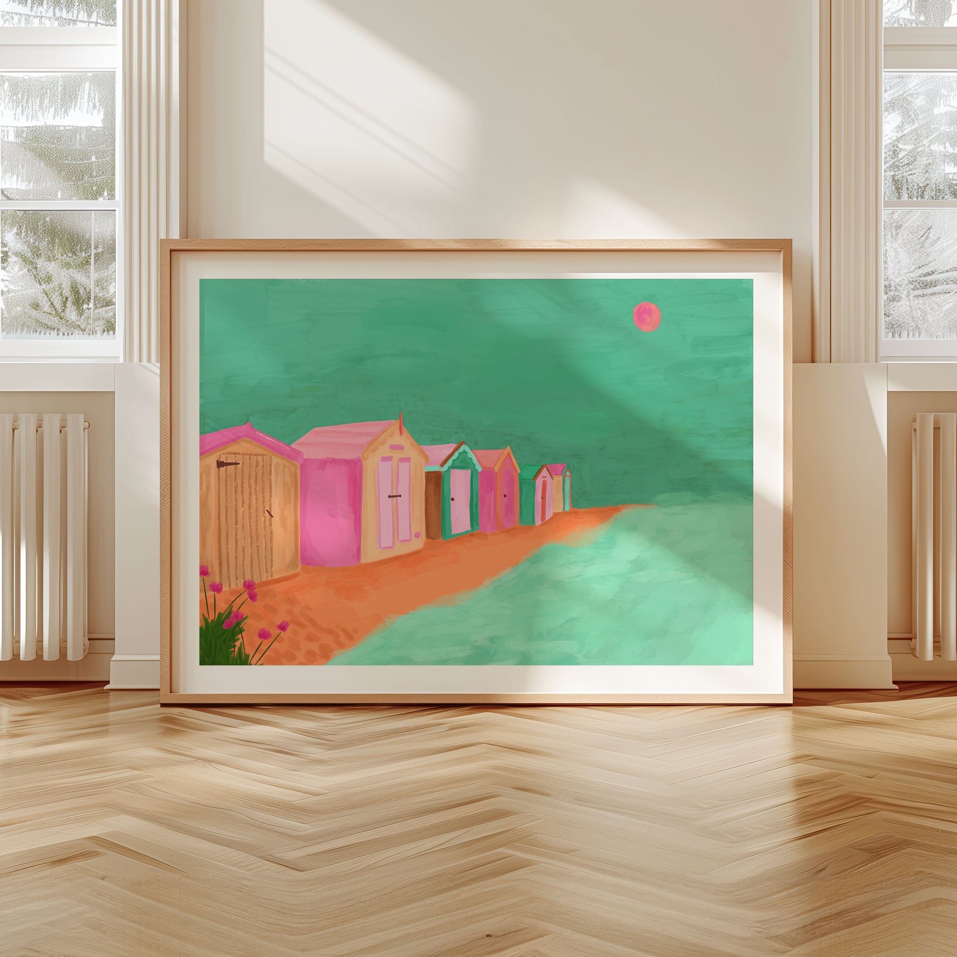 Colourful Cornish Beach Huts landscape wall art print for living room