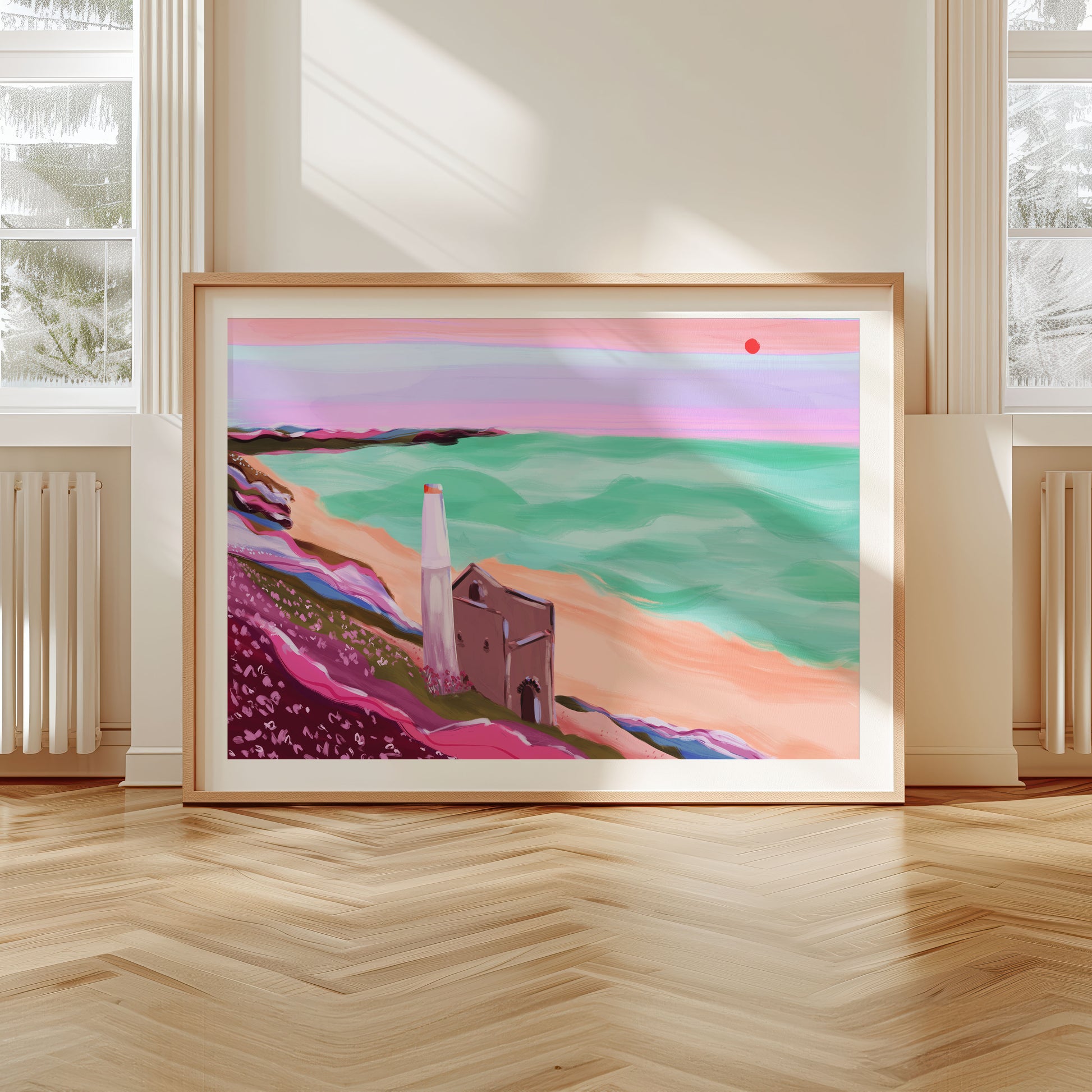 Digital artwork of Wheal Coates tin mine in Cornwall, UK, showcasing a pastel sky, turquoise ocean, and colourful cliffs in pink and green hues.