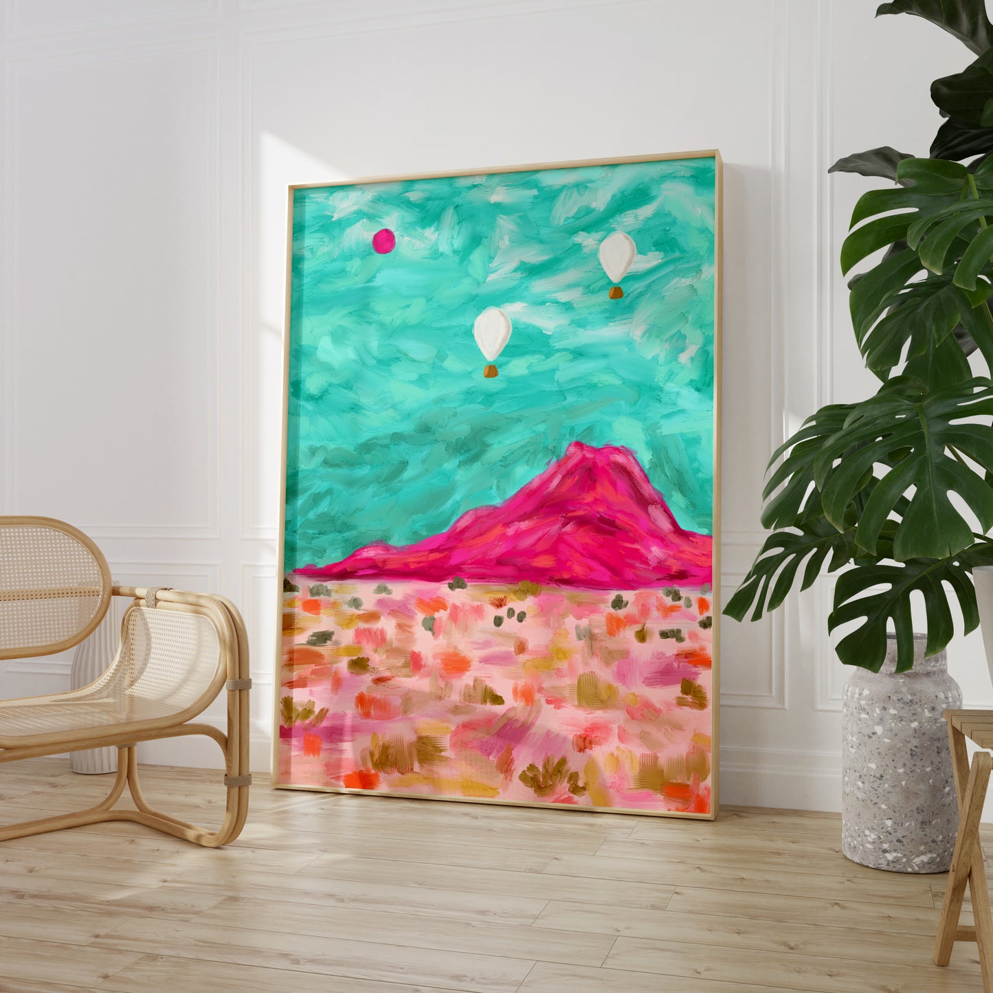 Abstract blue and pink mountain and desert scene large wall art print