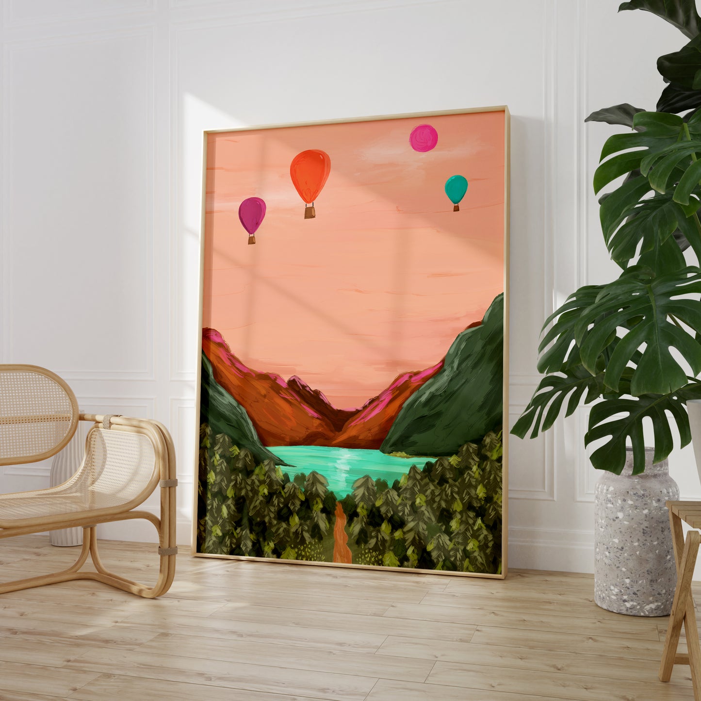 Large wall art print depicting a painted colourful valley