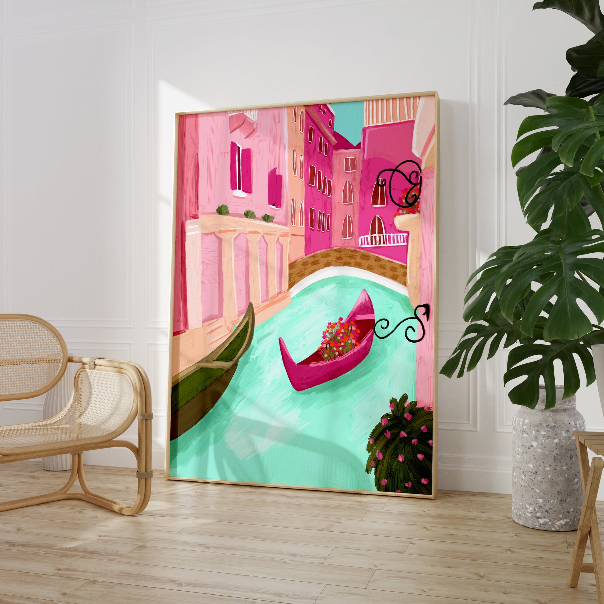 Illustrated art print of a vibrant Venice canal scene featuring pastel pink buildings, a turquoise canal, and a magenta gondola adorned with flowers, framed by lush greenery and ornate iron balconies.