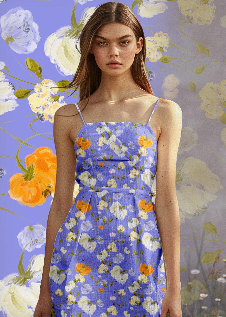 Blue wildflowers fabric print showcased on a linen dress