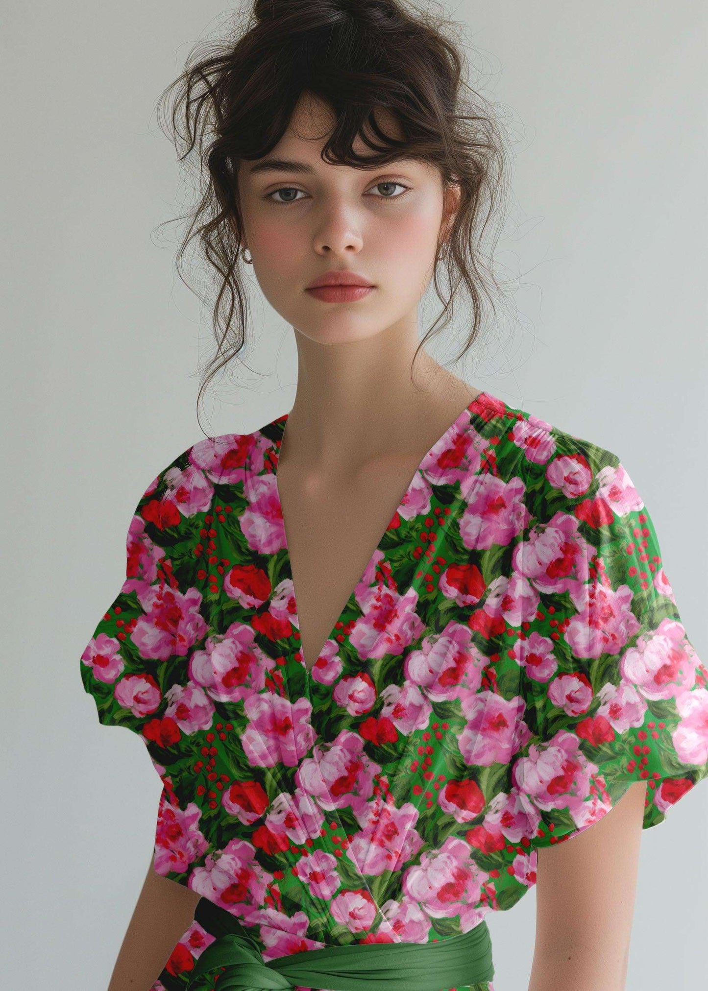 Bold green, pink and red floral fabric pattern on a linen dress