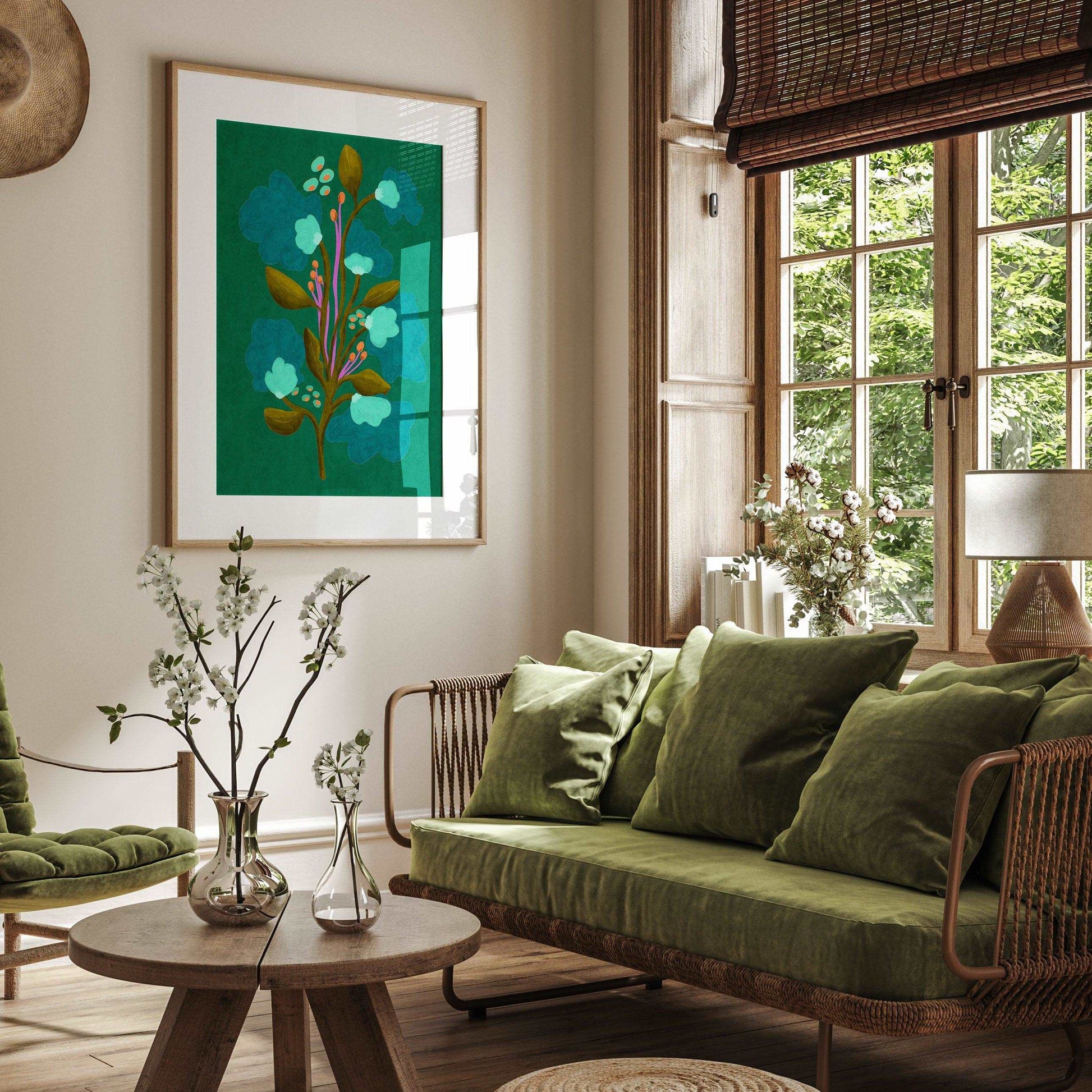 Green abstract floral living room wall art print mockup