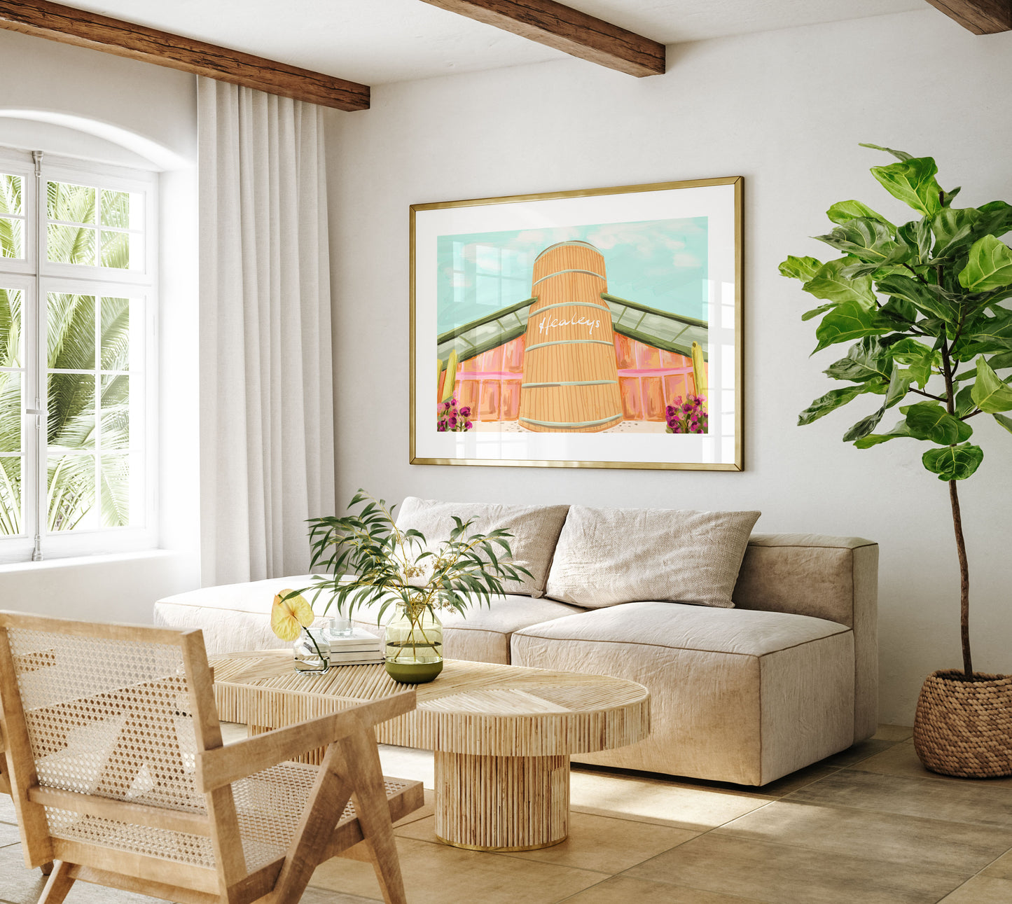 Modern Cornish art print of Healeys Farm with its iconic wooden structure, designed for coastal and rustic decor.