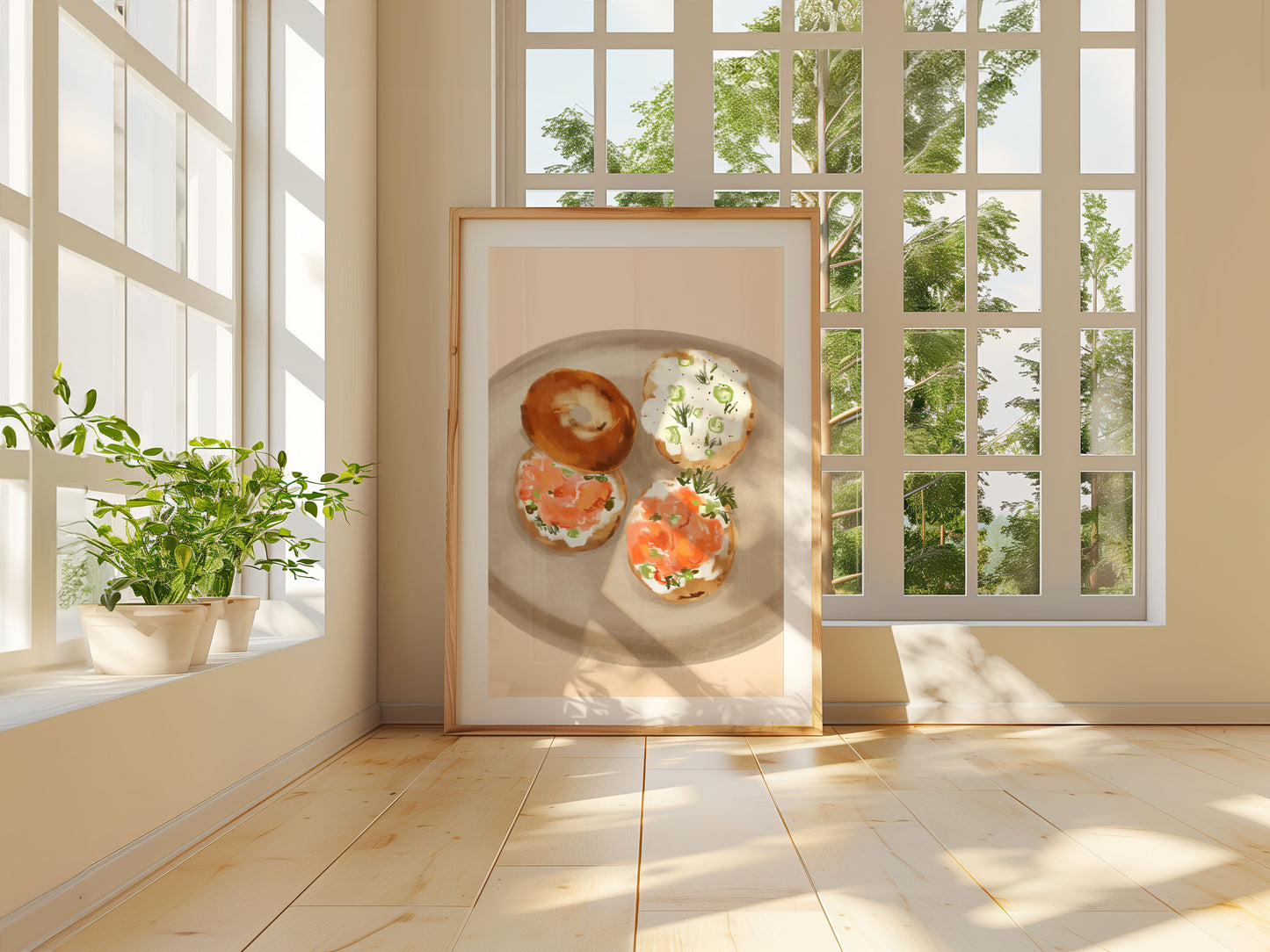 Hand-painted kitchen art print of classic brunch bagels.