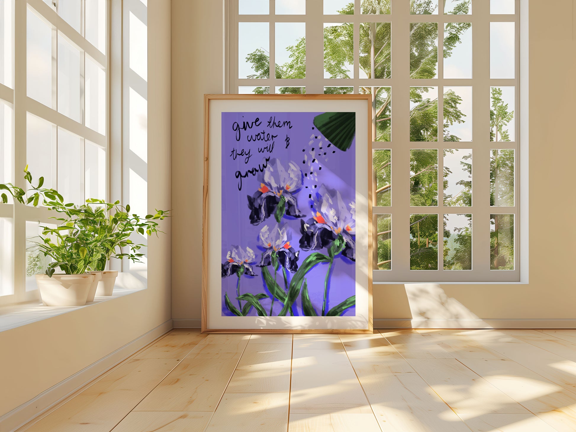 Detailed flower art print of a purple iris, perfect for nature-inspired wall decor.