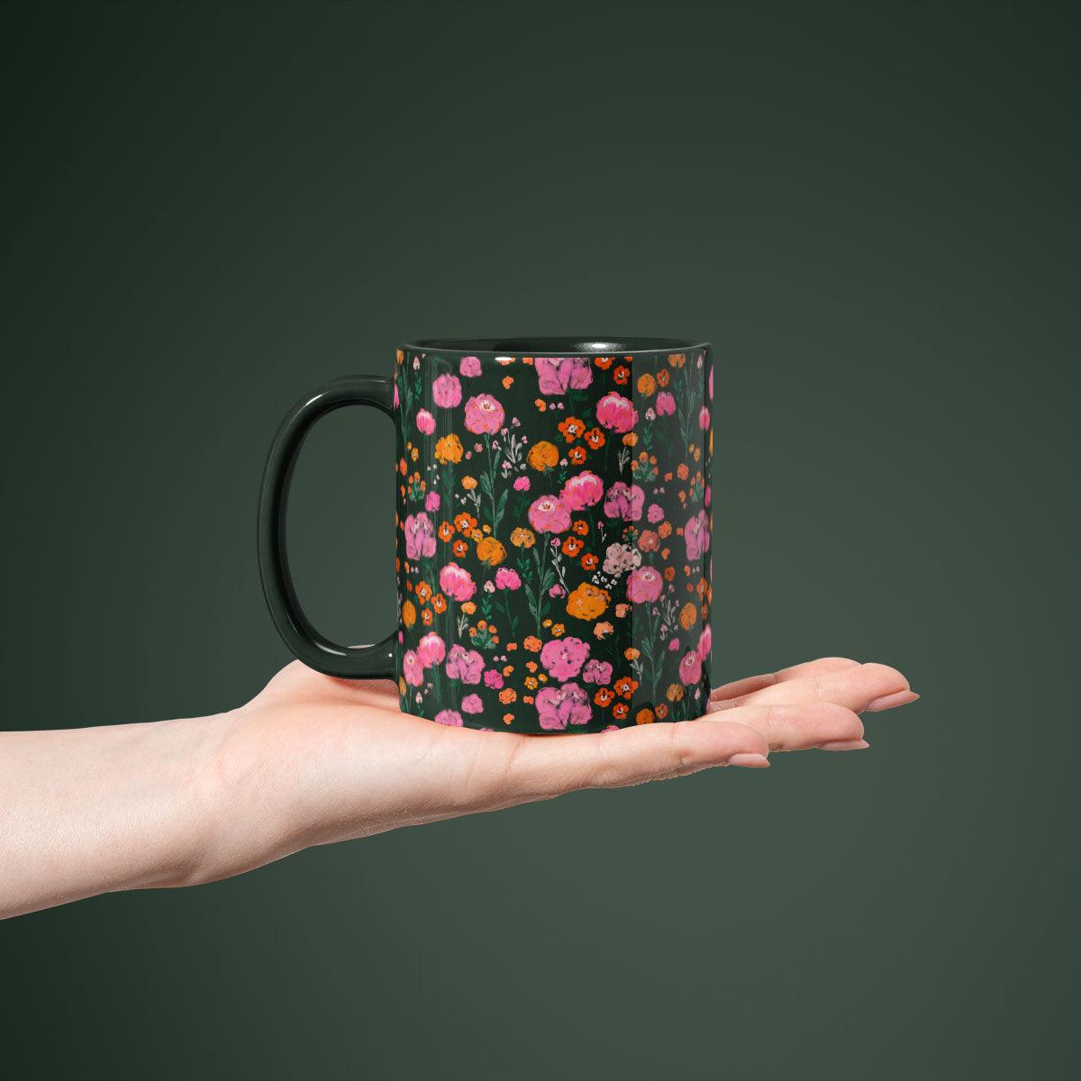 Dark blooms seamless pattern showcased on a mug