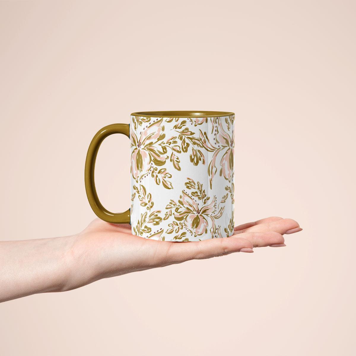 White, olive and nude tropical flowers pattern on a mug