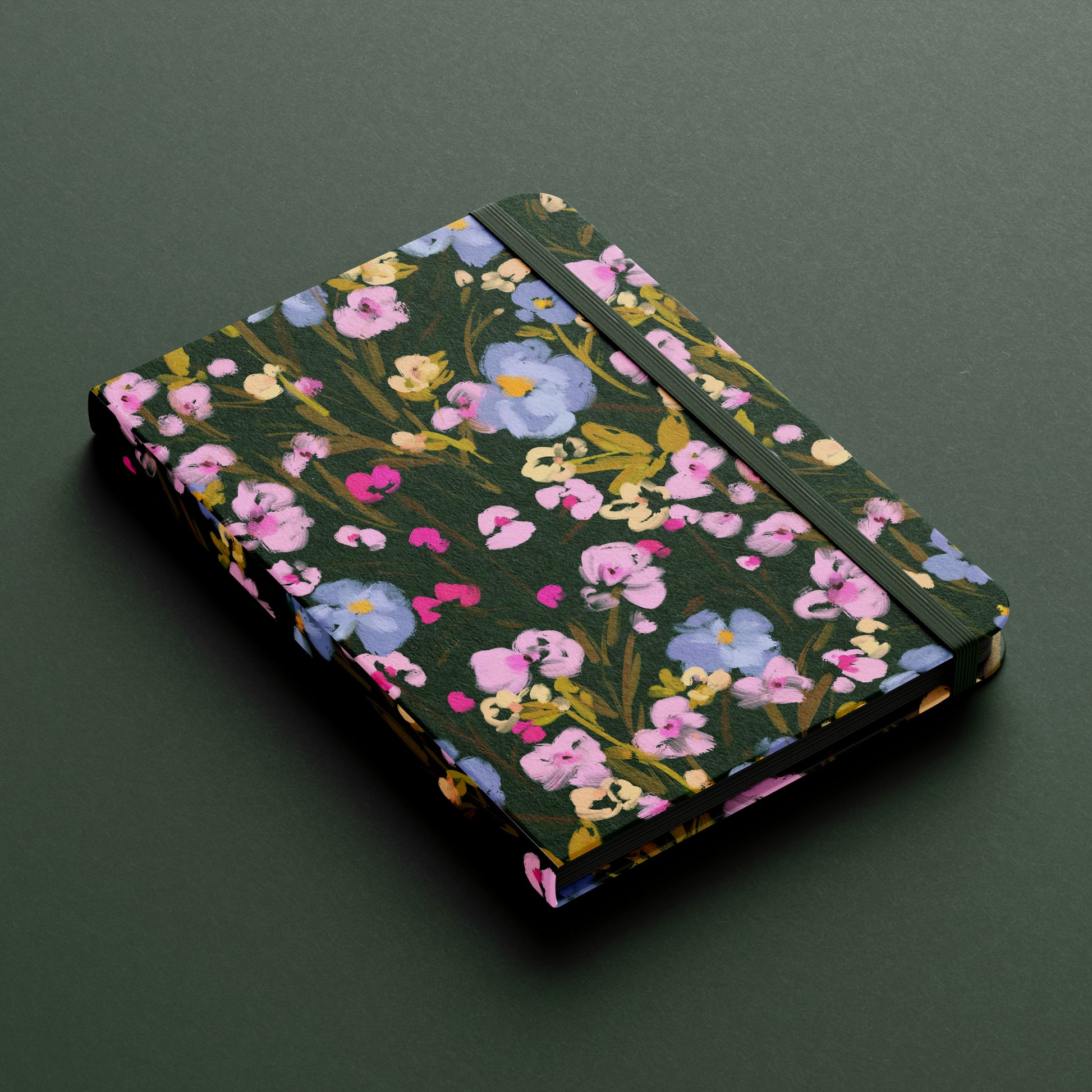 Forest green, blue, pink and yellow ditsy floral notebook cover design