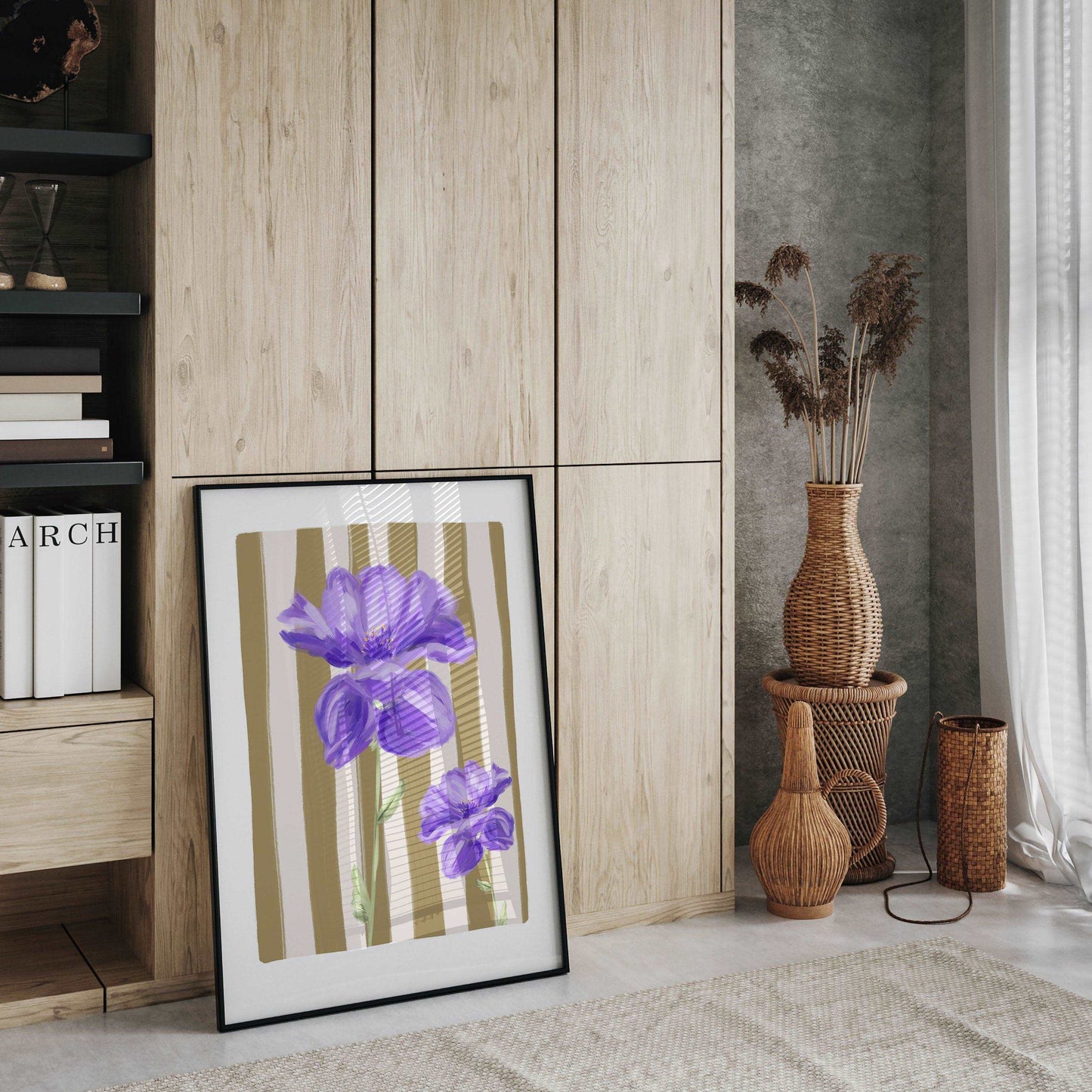 Violet flower painterly art print on a light olive and cream striped background