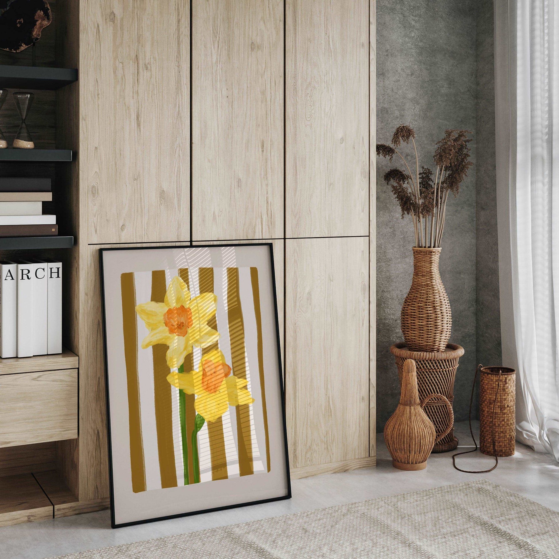 Daffodil painterly office space art print on a striped mocha background