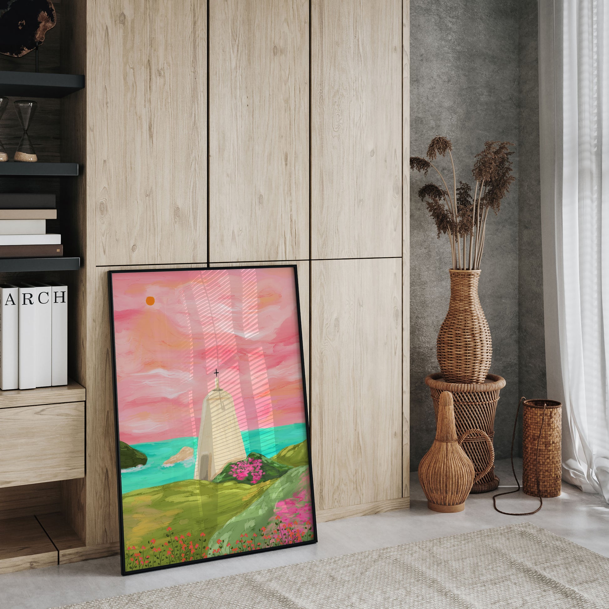 Wall art print for office featuring a colourful Portreath landscape and building