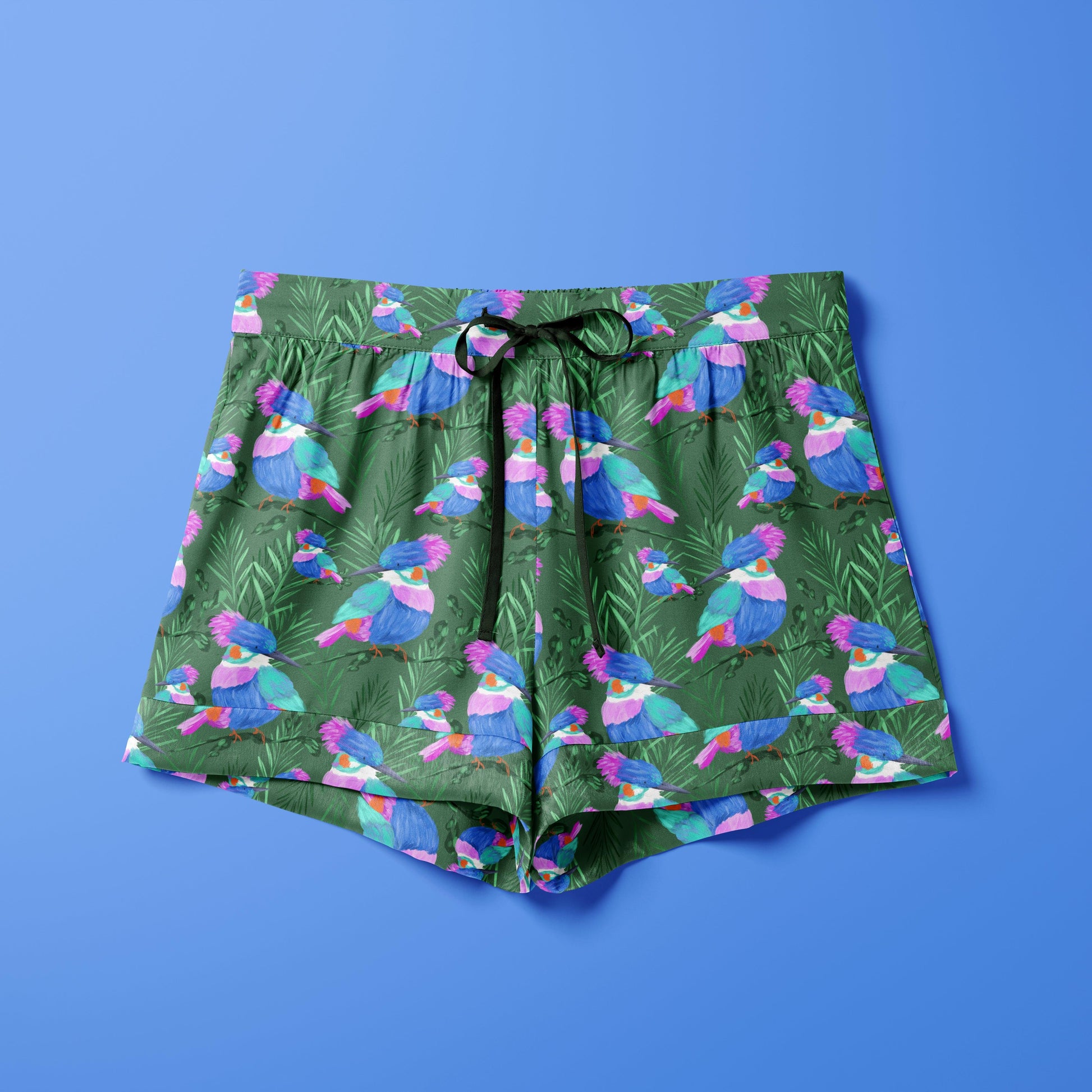 Tropical birds textile pattern on silk pyjama shorts