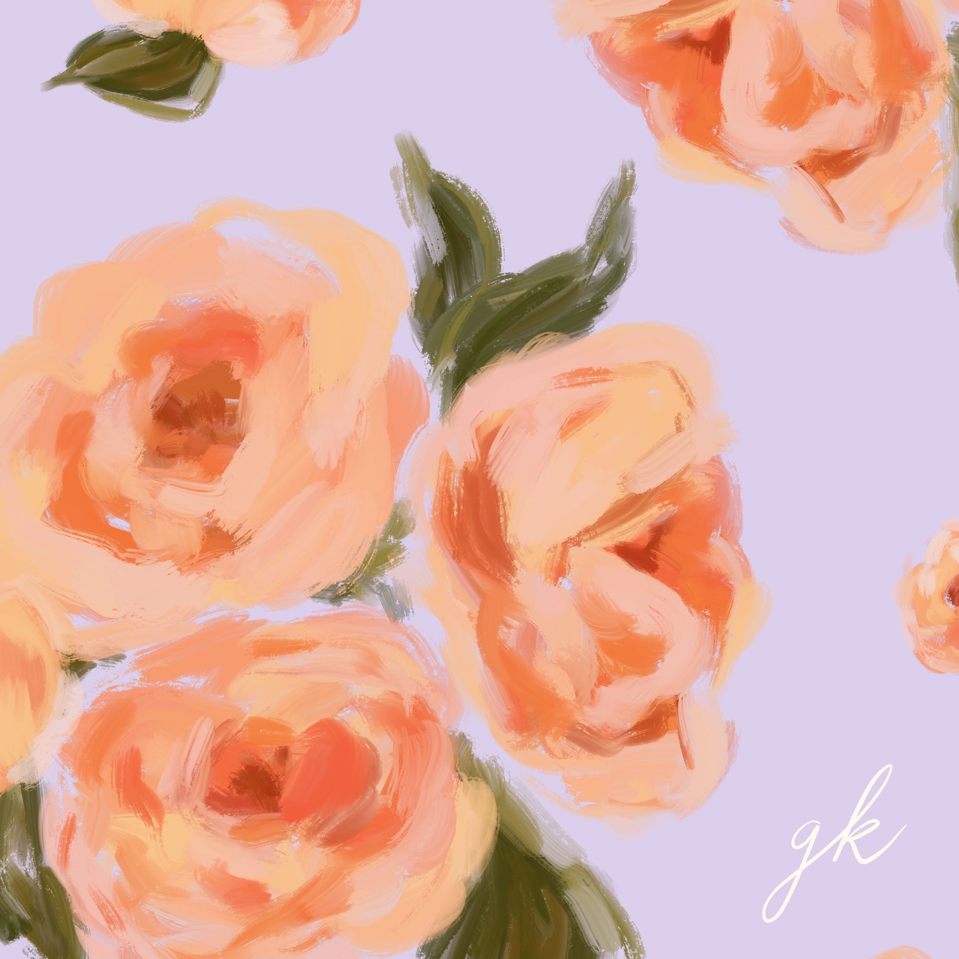 Painted peach flowers seamless pattern on a pastel purple background.