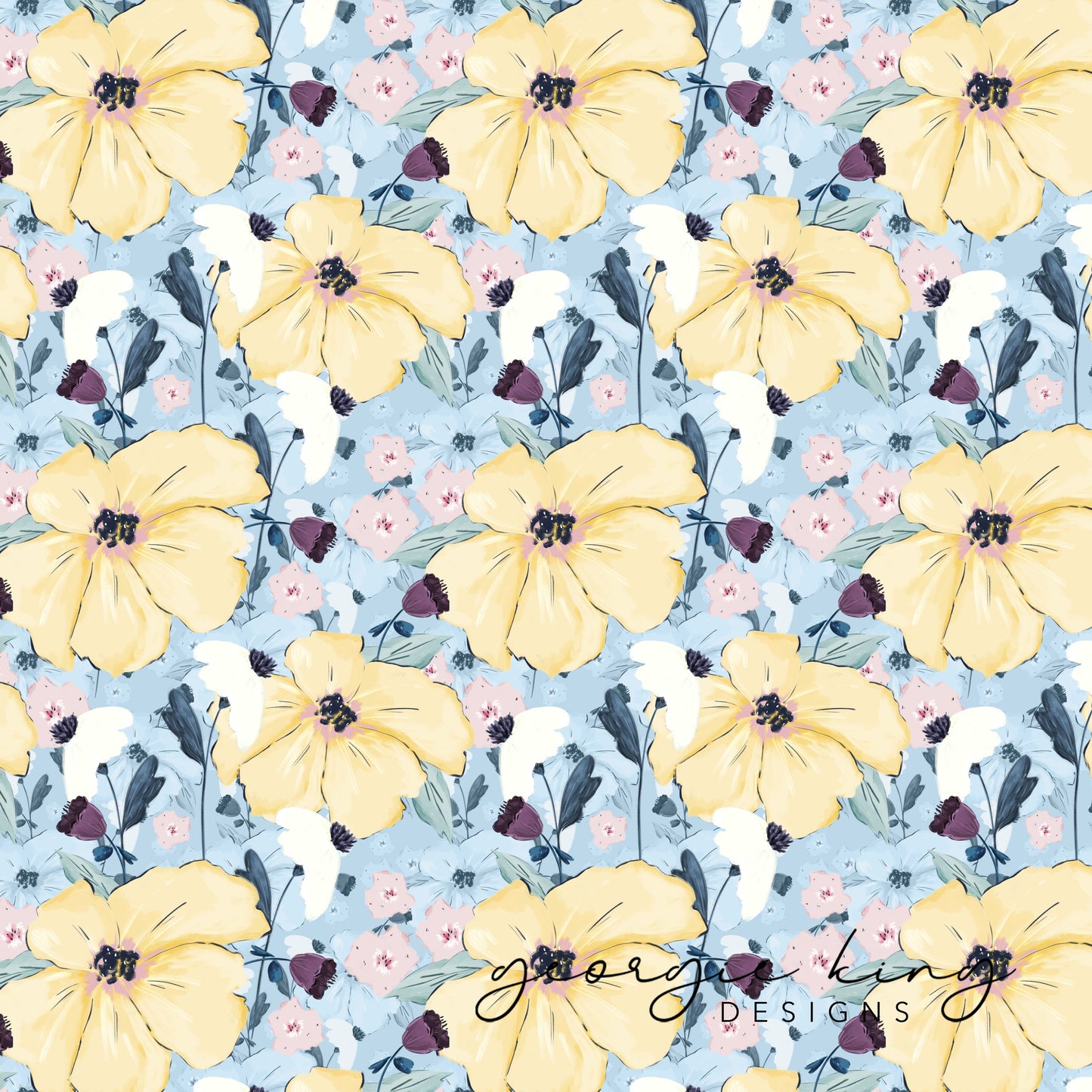 Bold sky blue floral seamless pattern tile