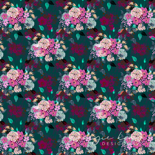 Teal green floral bouquet seamless pattern tile