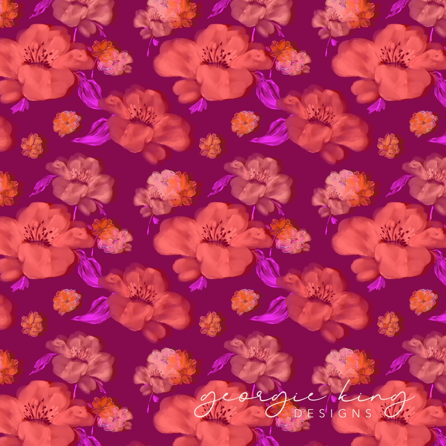 Purple and orange jungle floral repeat pattern tile