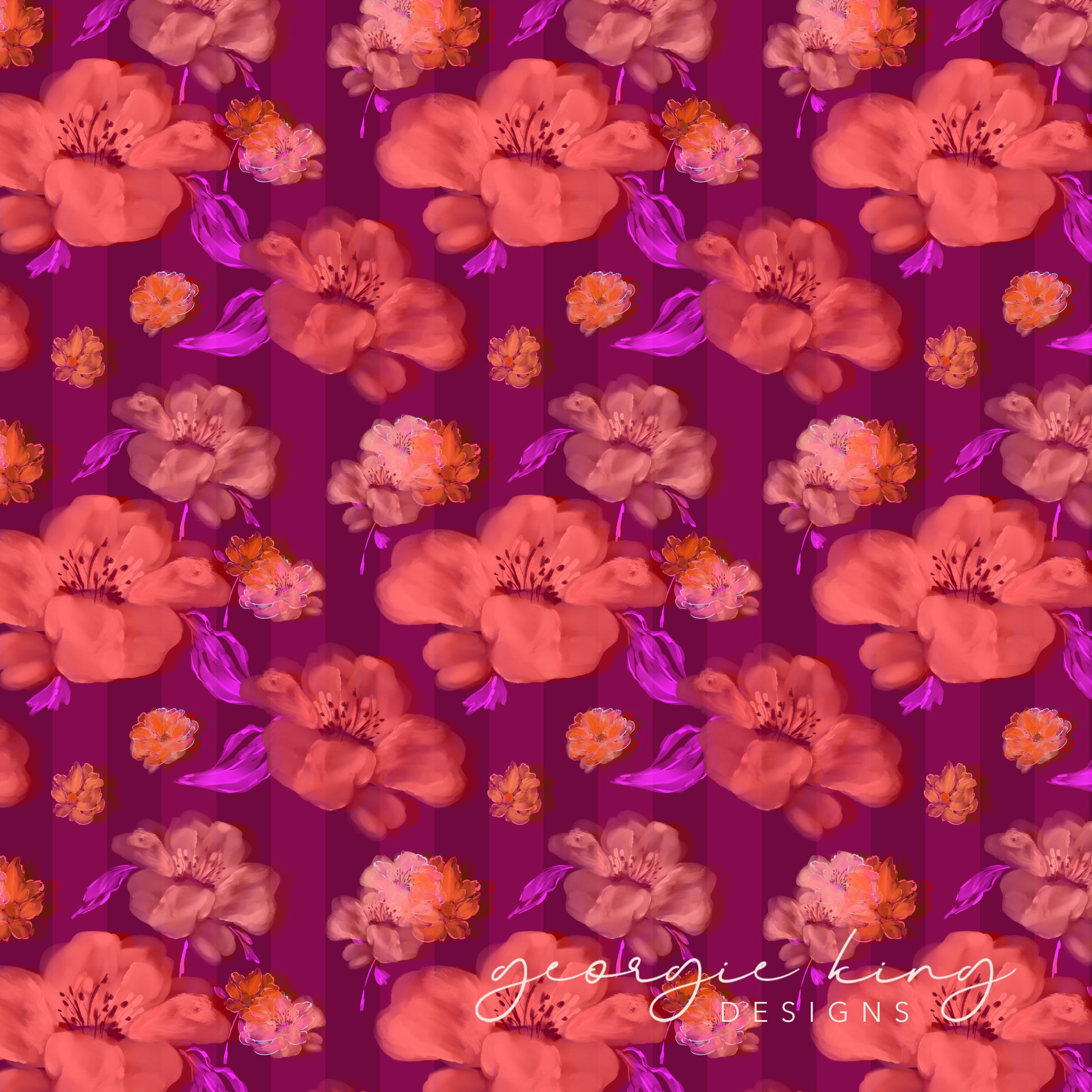 Purple and orange jungle floral striped repeat pattern tile