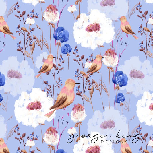 English birds repeating pattern tile in blue