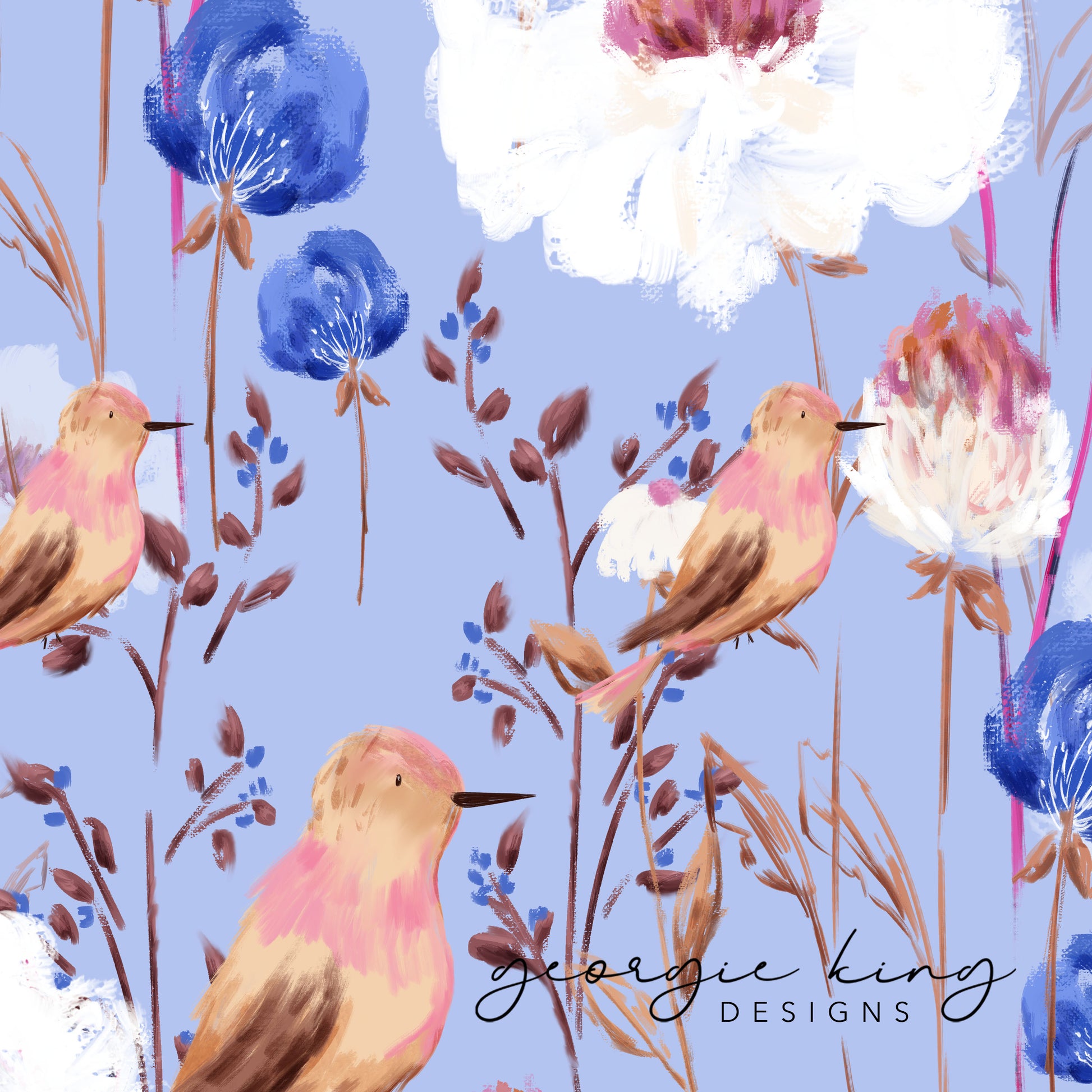 English birds repeating pattern tile in blue