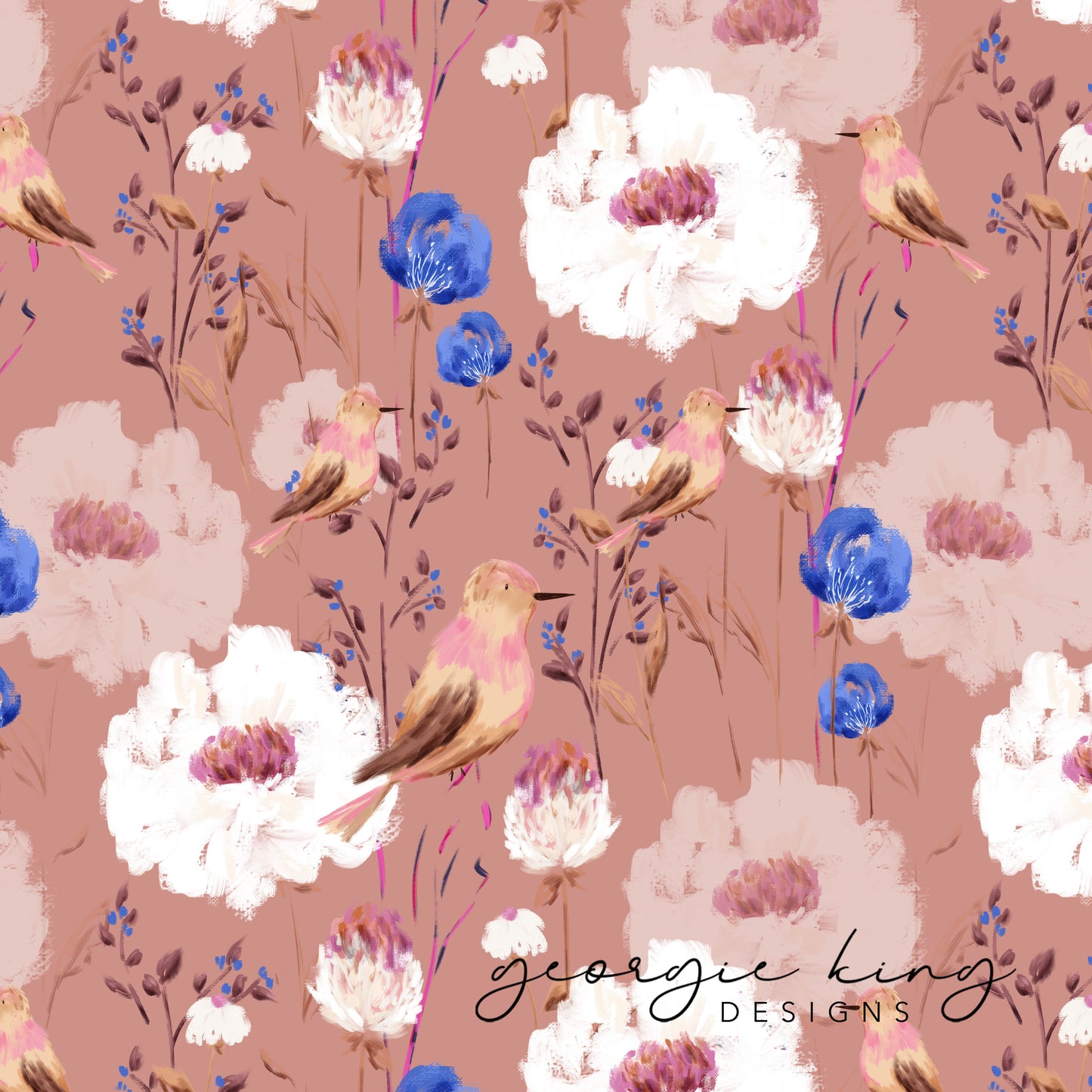 English birds repeating pattern tile in dusky pink