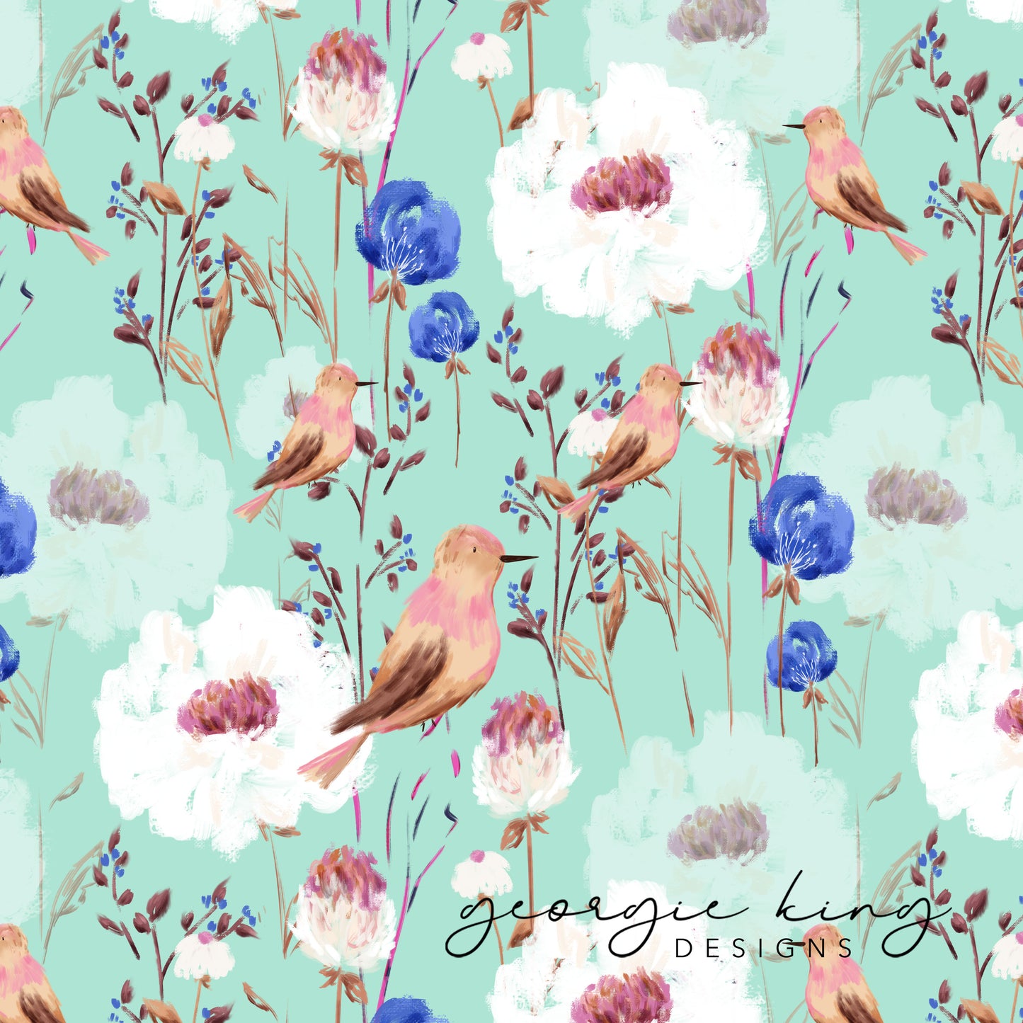 English birds repeating pattern tile in mint