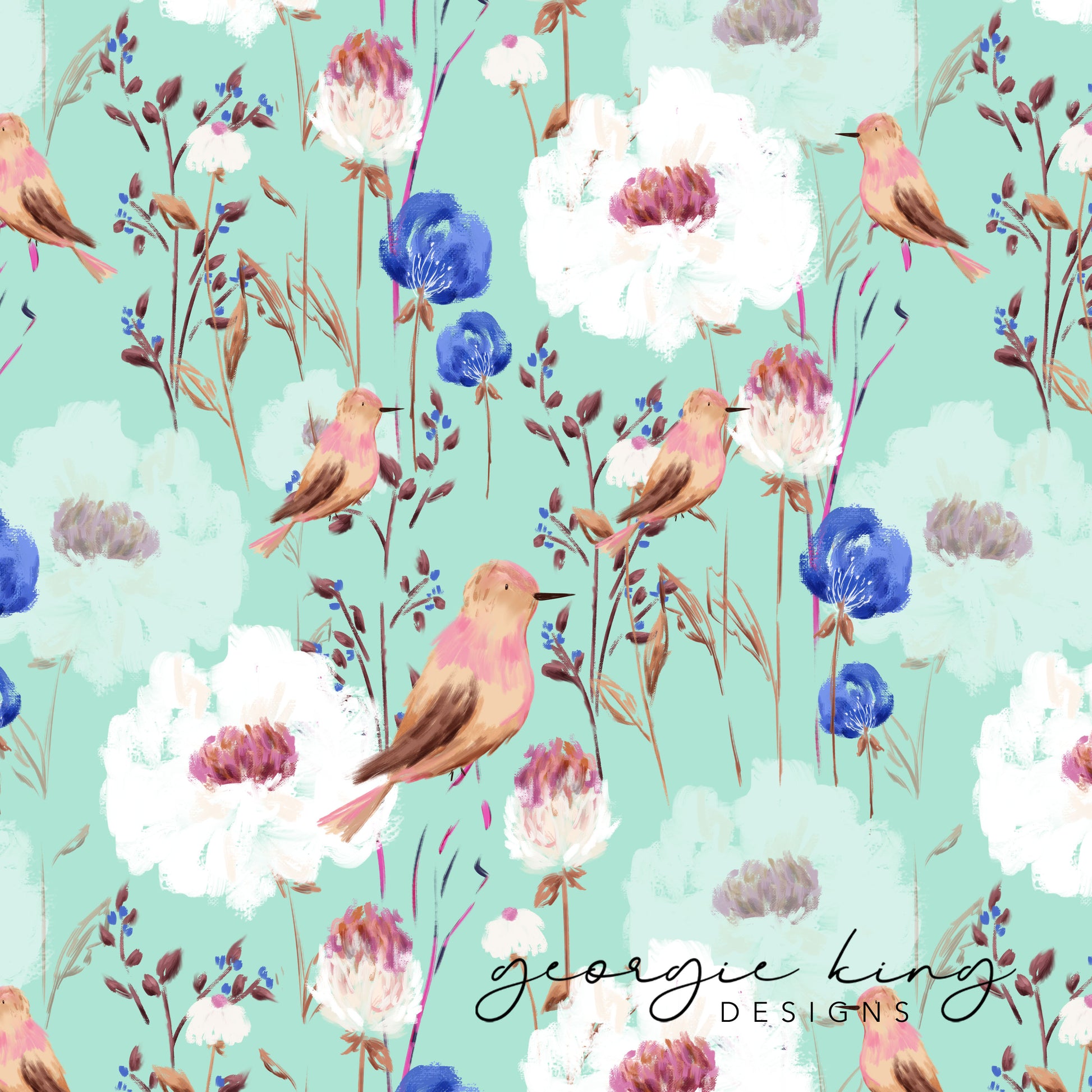 English birds repeating pattern tile in mint