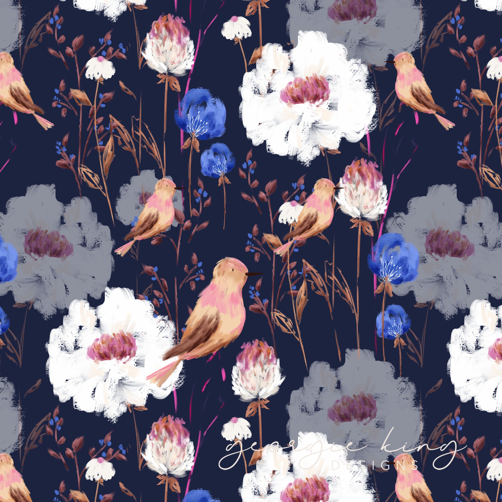 English birds repeating pattern tile in navy