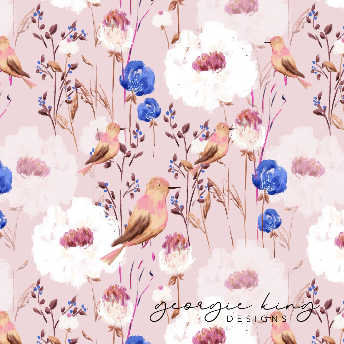 English birds repeating pattern tile in pink