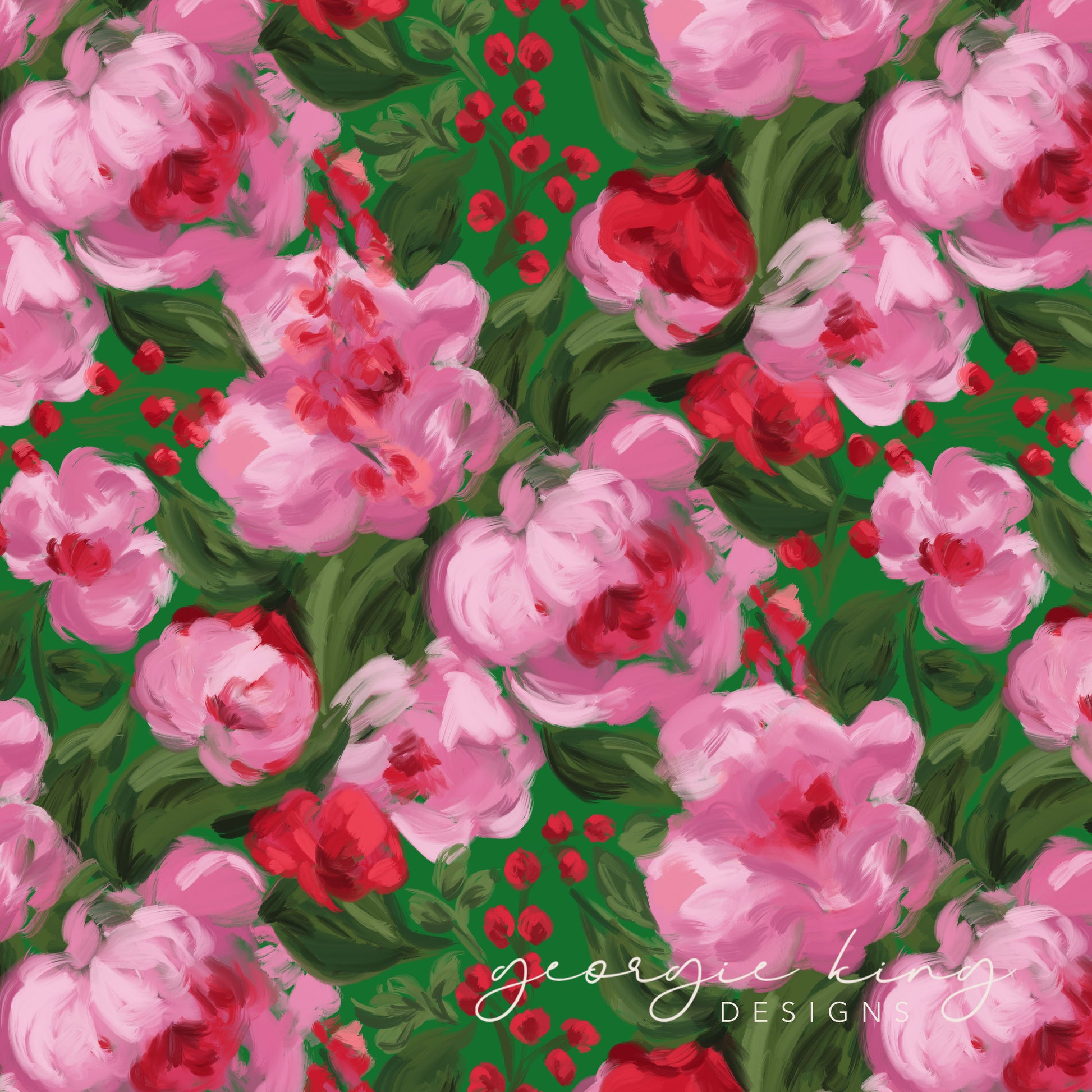 Bold green, pink and red floral repeating pattern tile