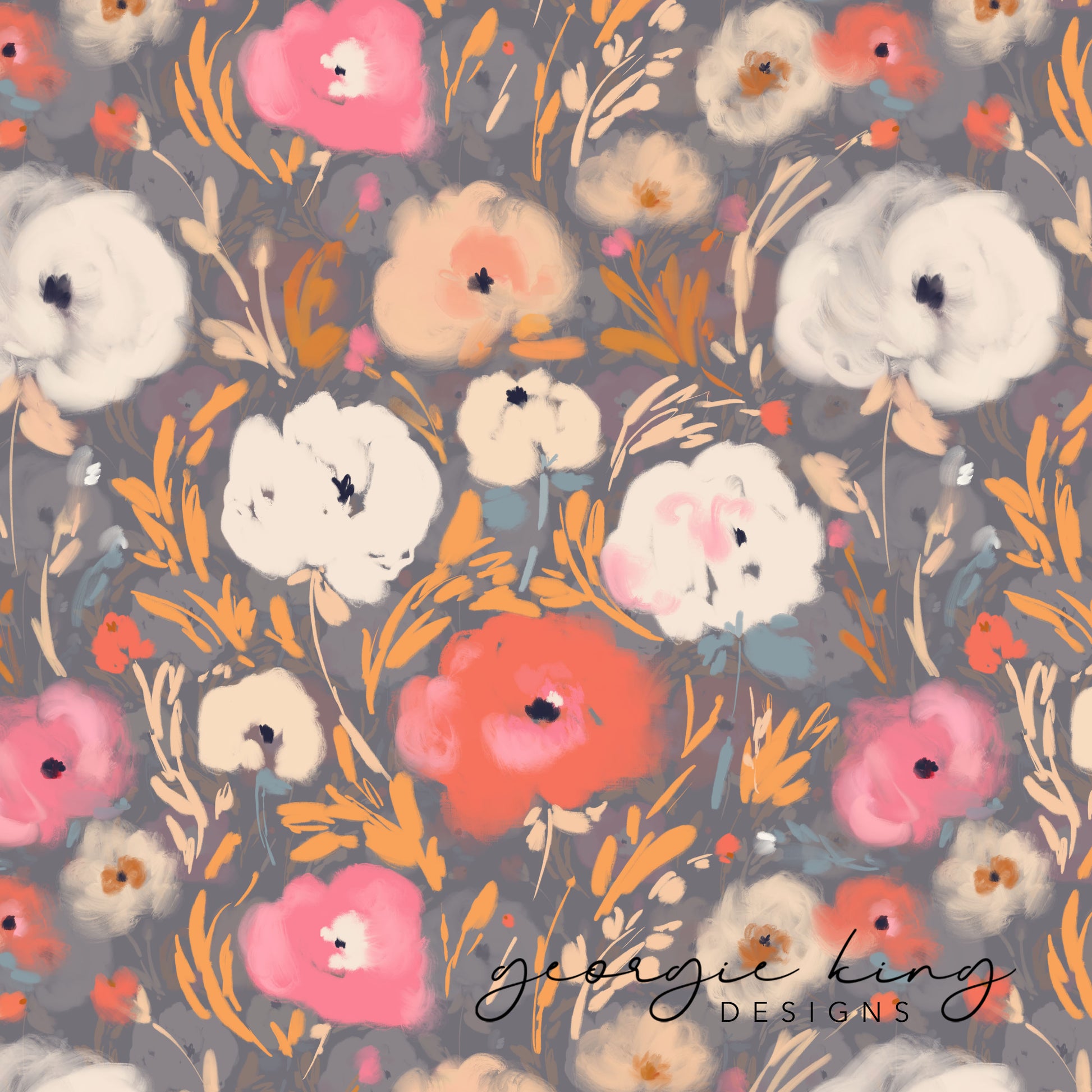 Painted floral garden repeat pattern tile on a grey background