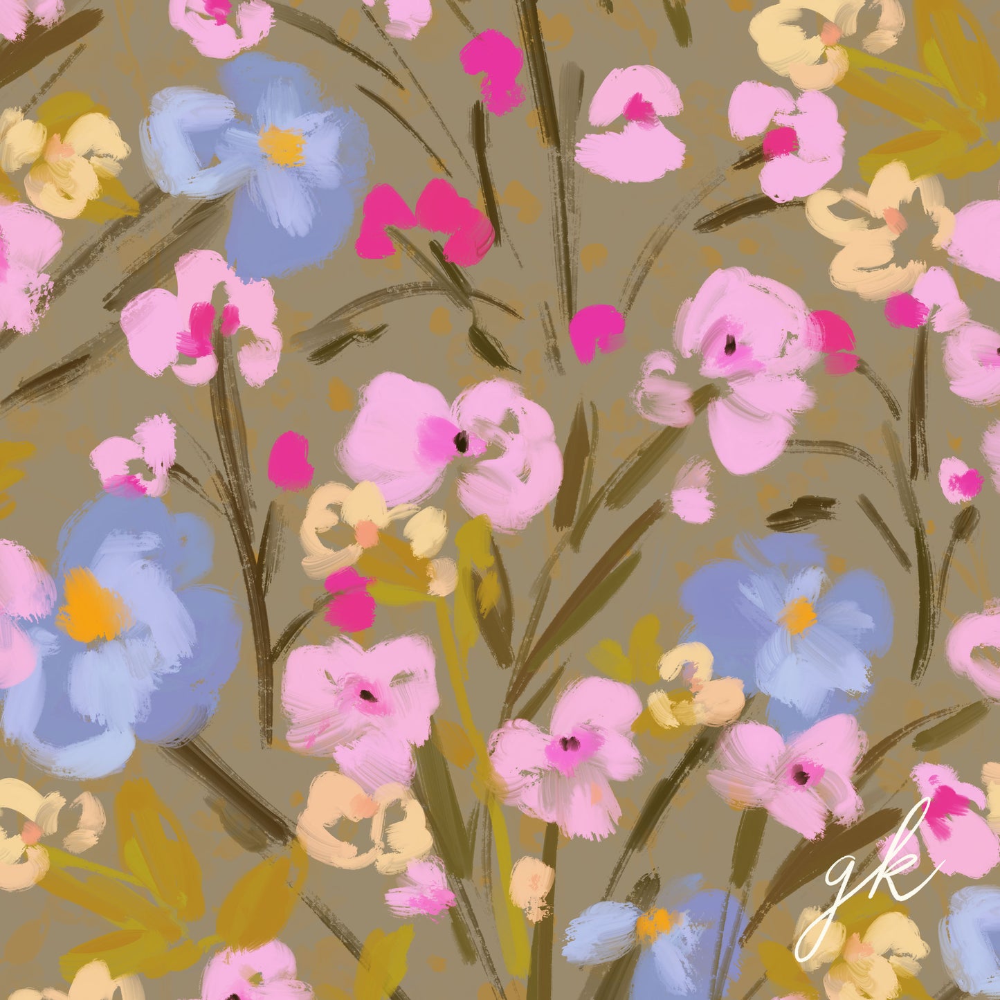 Khaki green, blue, pink and yellow ditsy floral repeatable pattern tile