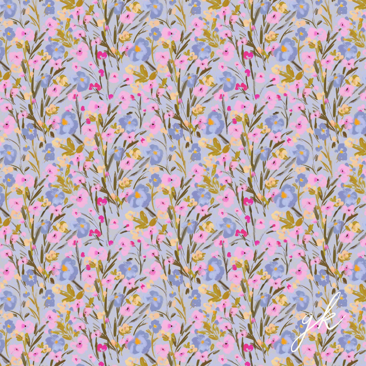 Khaki green, blue, pink and yellow ditsy floral repeatable pattern tile