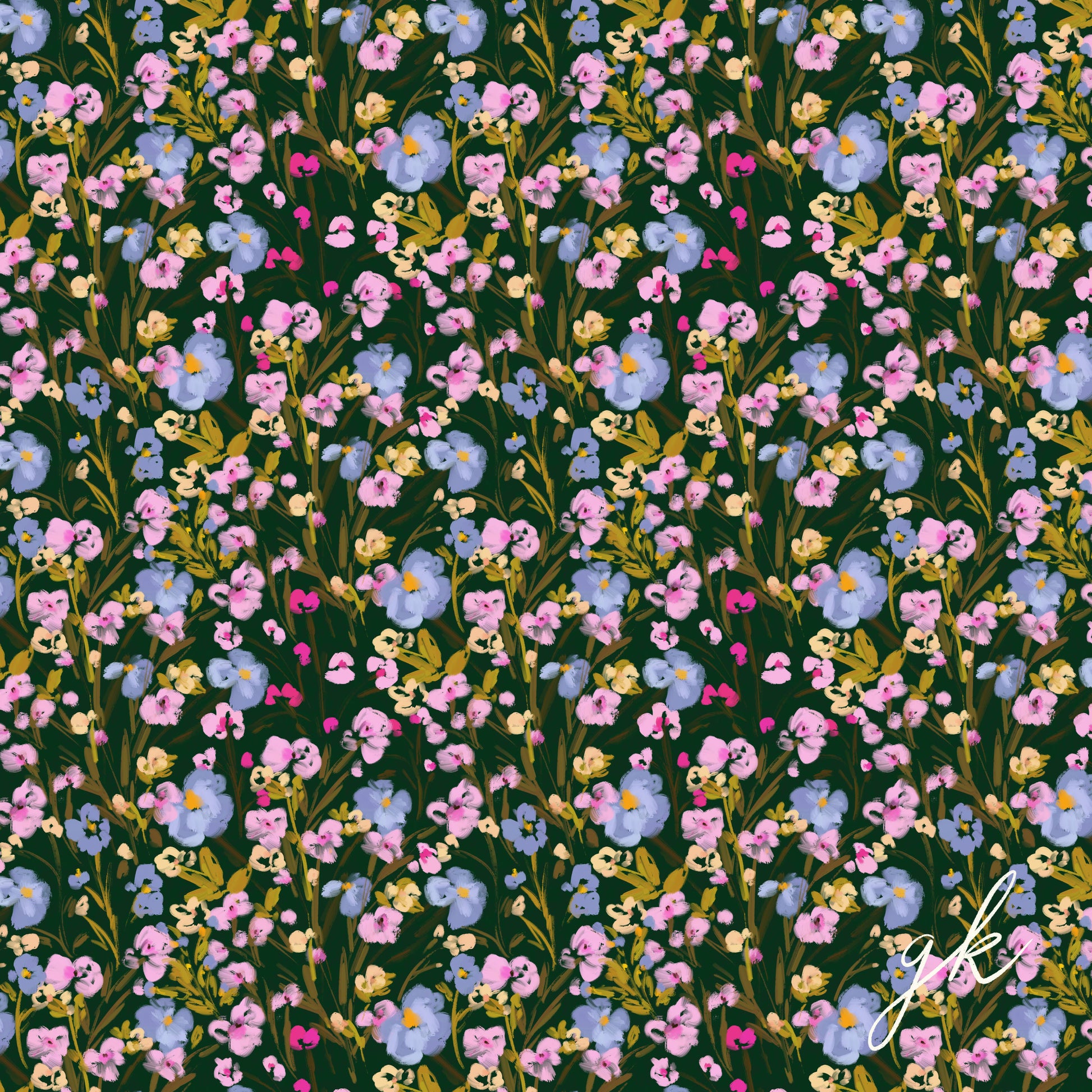 Forest green, blue, pink and yellow ditsy floral repeatable pattern tile