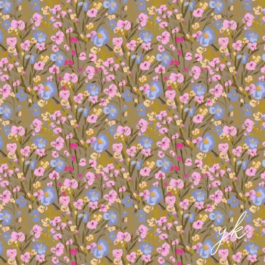 Khaki green, blue, pink and yellow ditsy floral repeatable pattern tile