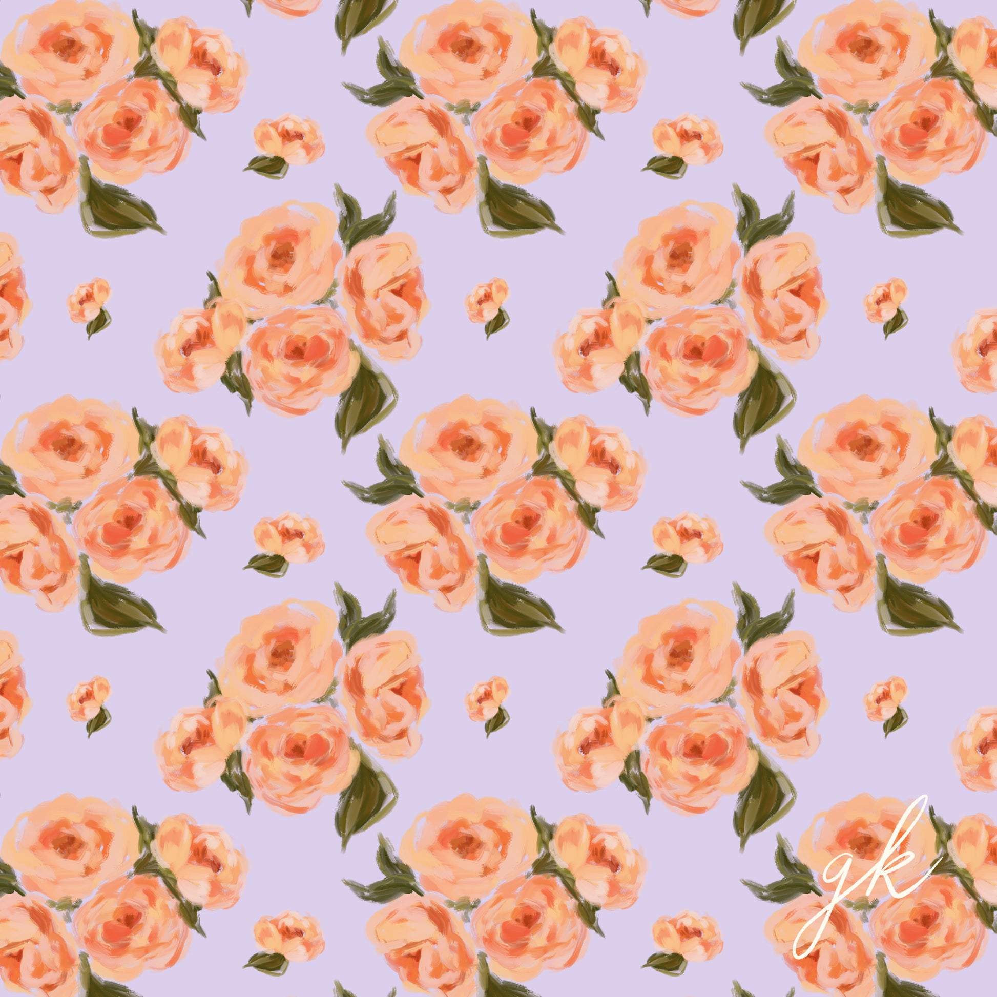 Painted peach flowers seamless pattern on a pastel purple background.