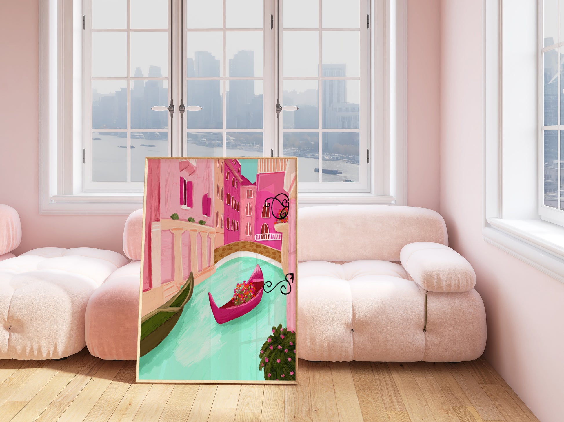 Venice art print of a colourful canal with pink buildings, a turquoise waterway, and a magenta flower-filled gondola.