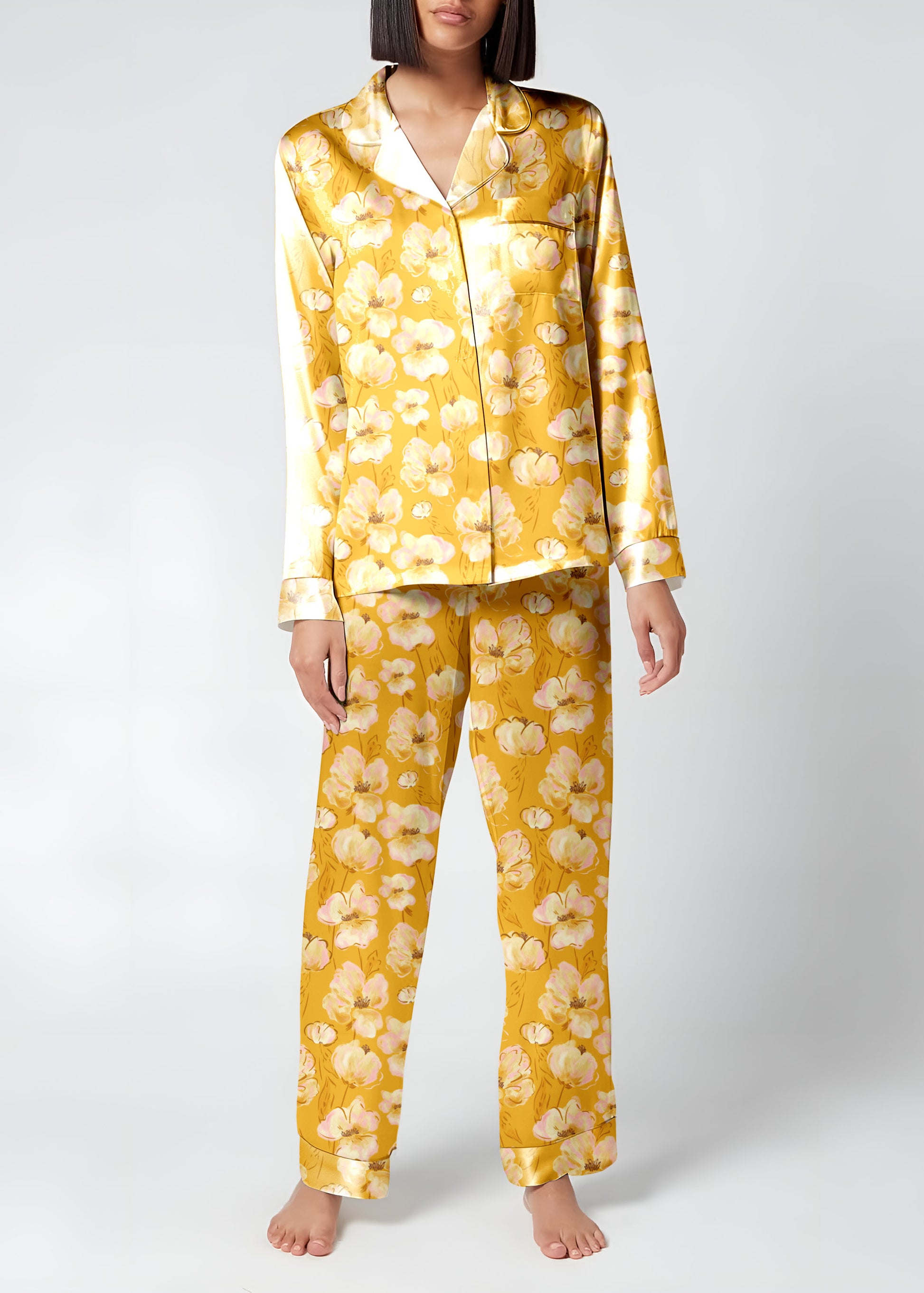 Yellow floral silk pyjamas print