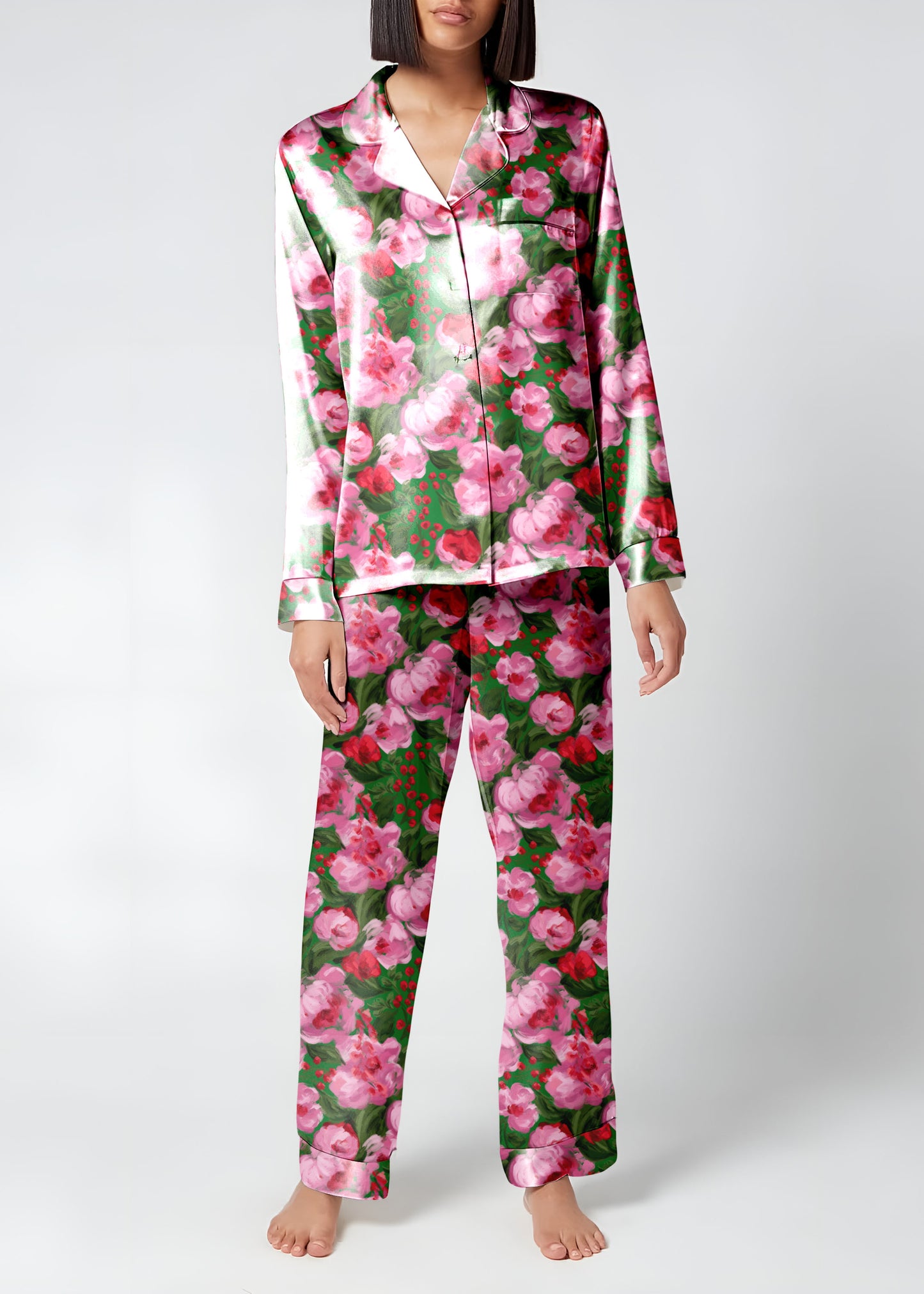 Green, pink and red floral silk pyjamas