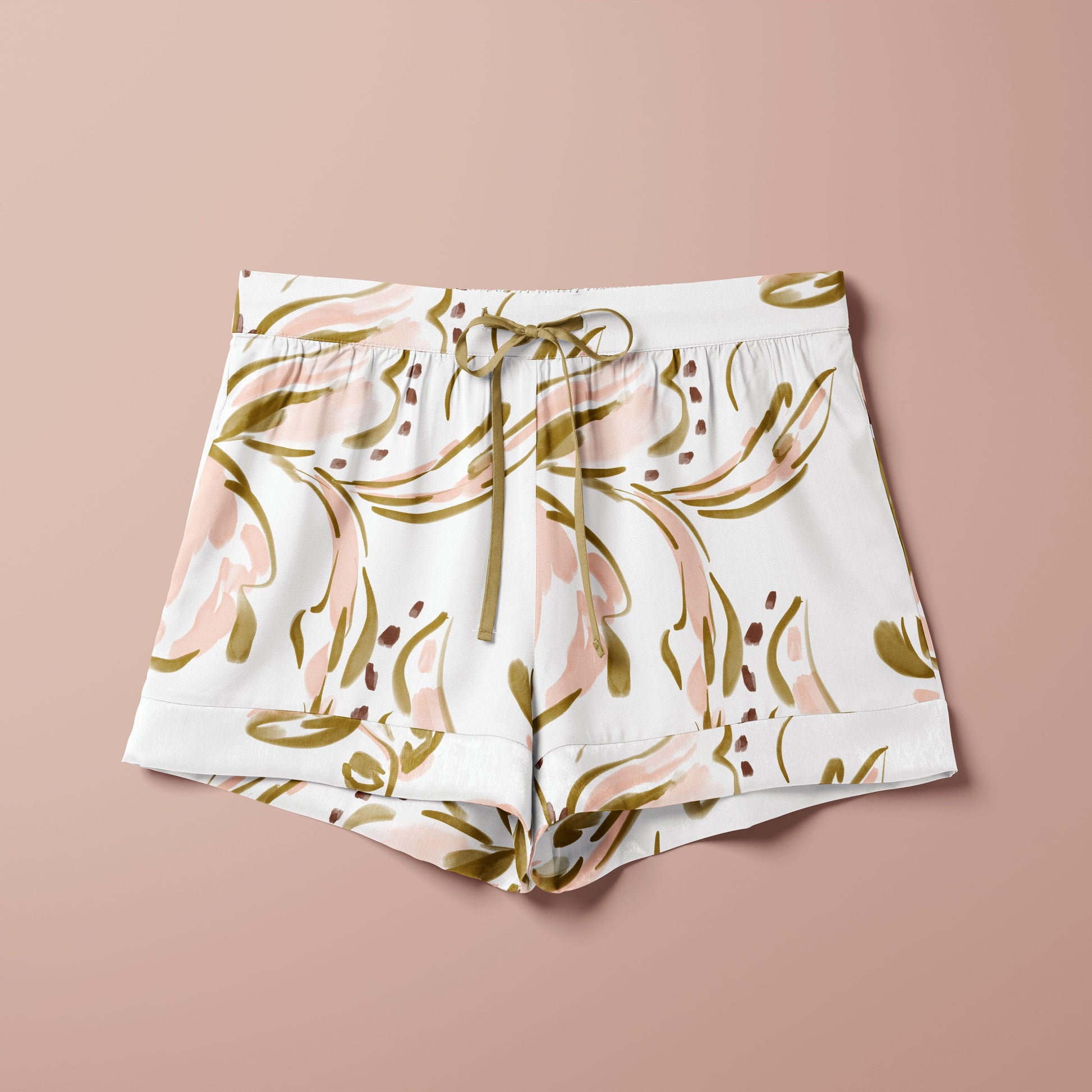 White, olive and nude tropical flowers PJ shorts print