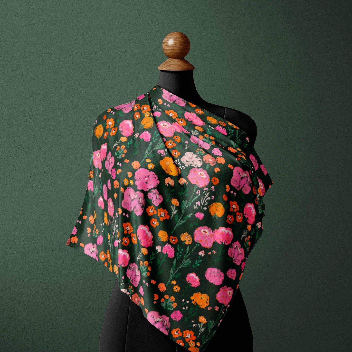 Dark blooms textile pattern on a silk scarf