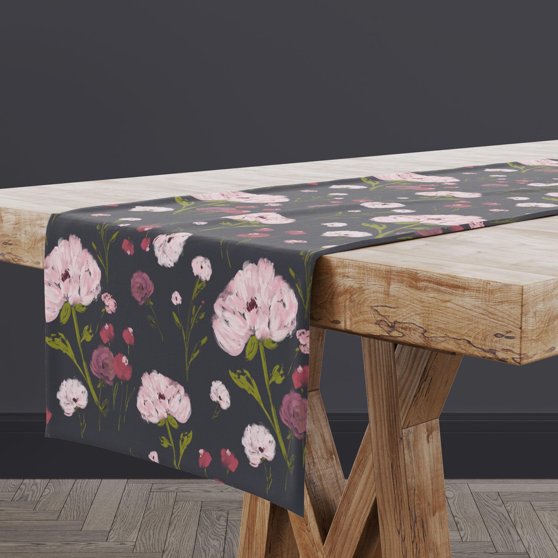 Dark grey, purple and pink floral table runner pattern design