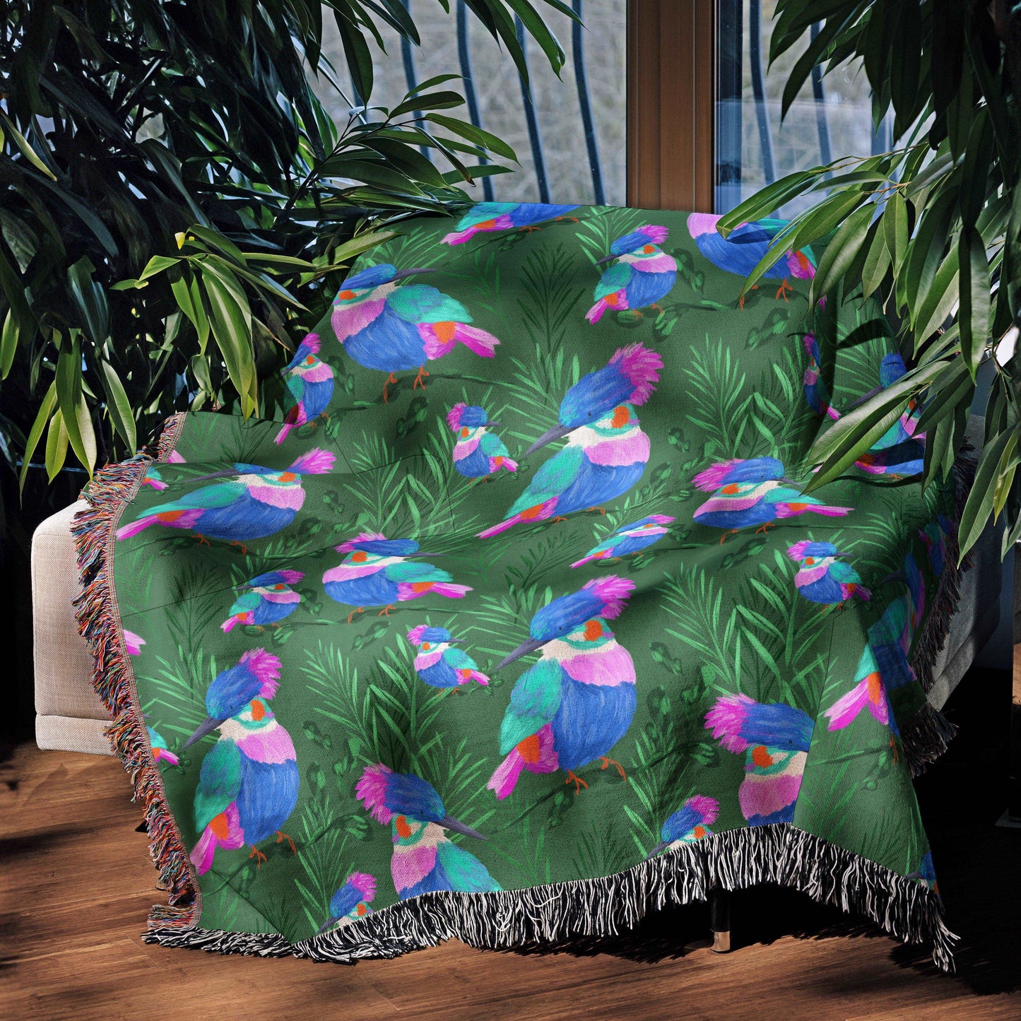 Tropical birds textile print design on a throw