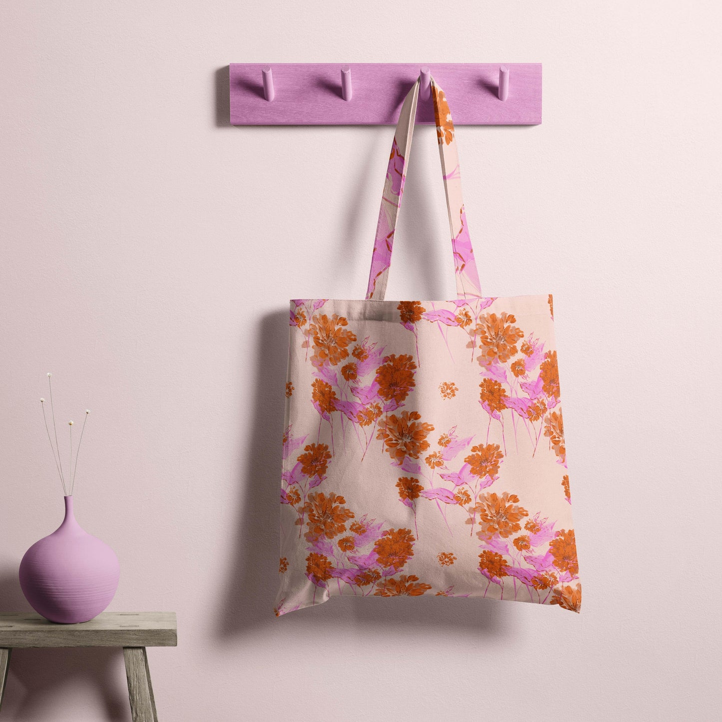 Cute pink and orange floral tote bag