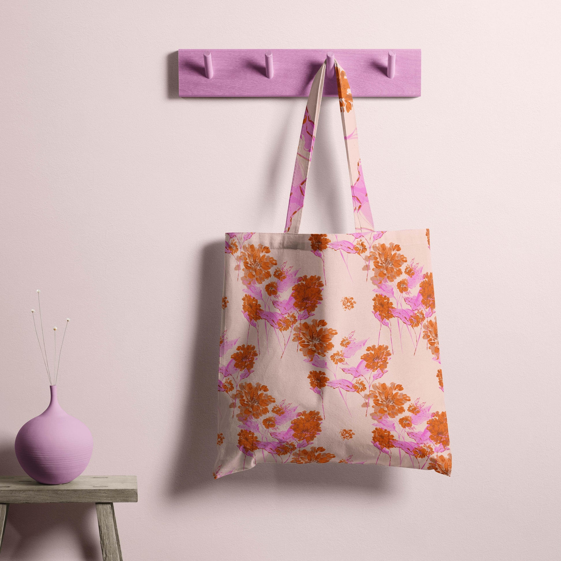 Cute pink and orange floral tote bag