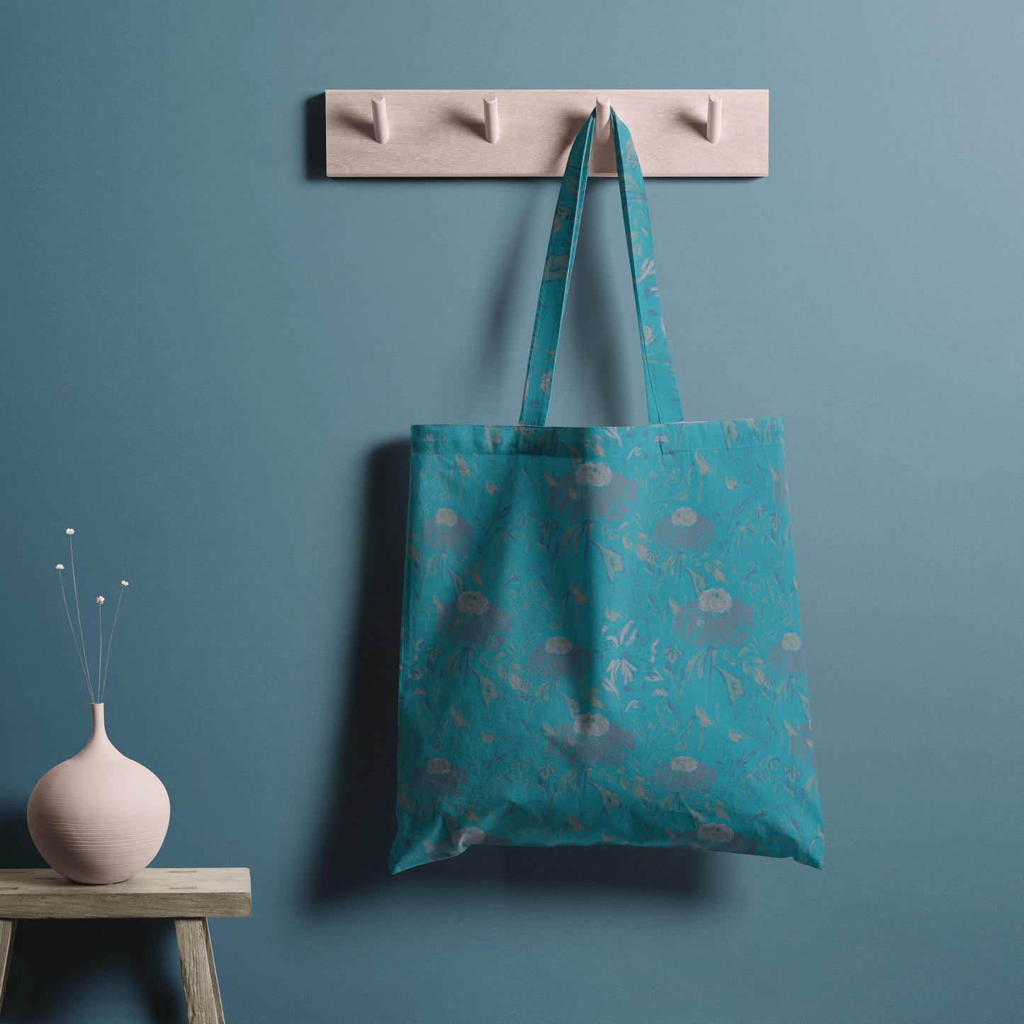 Muted blue wildflowers tote bag design