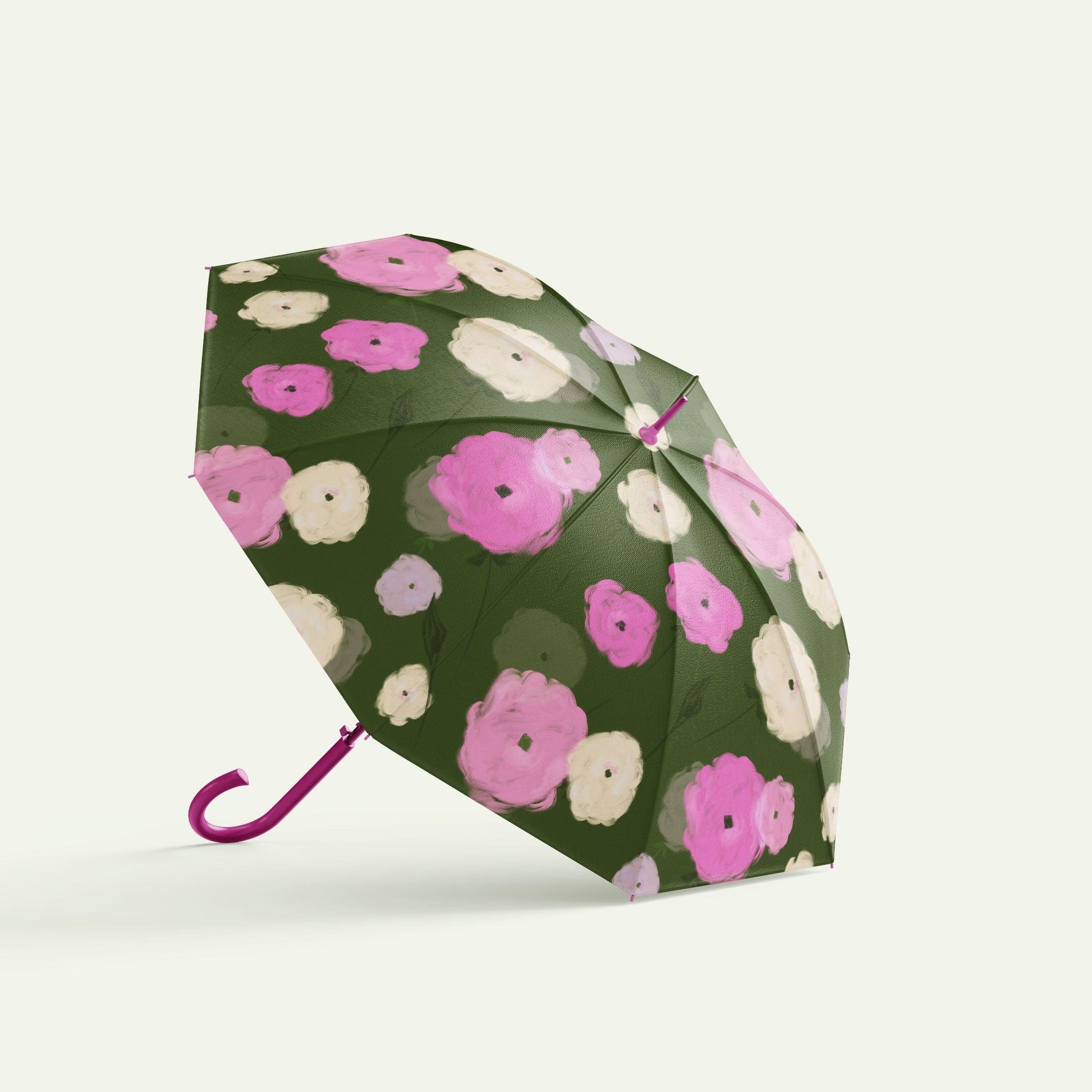 Green, pink and ivory flowers pattern on an umbrella