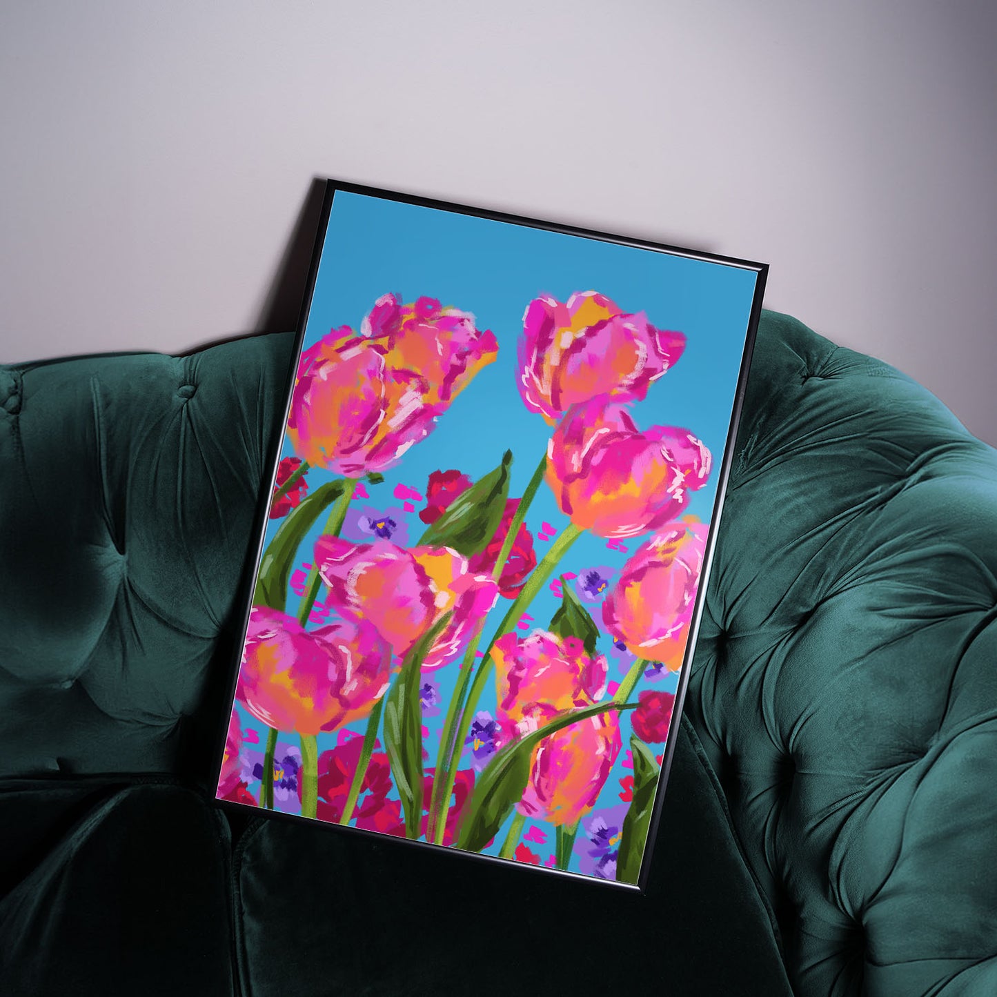 Contemporary floral art print with bright pink tulips for a modern home.